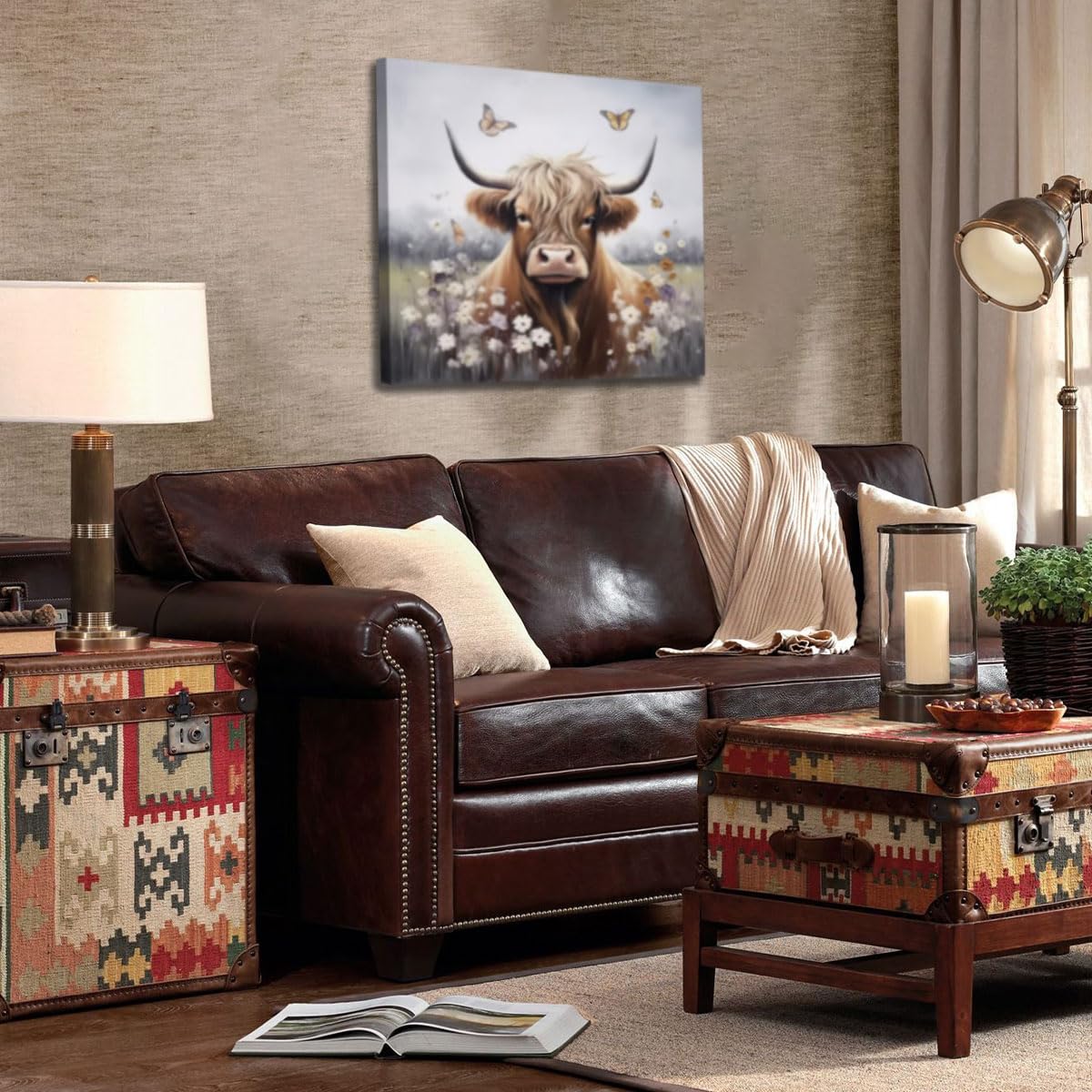 Enartly Bathroom Wall Art Highland Cow Painting Rustic Farmhouse Picture Animal Canvas Print, Nature Flower Landscape Abstract A