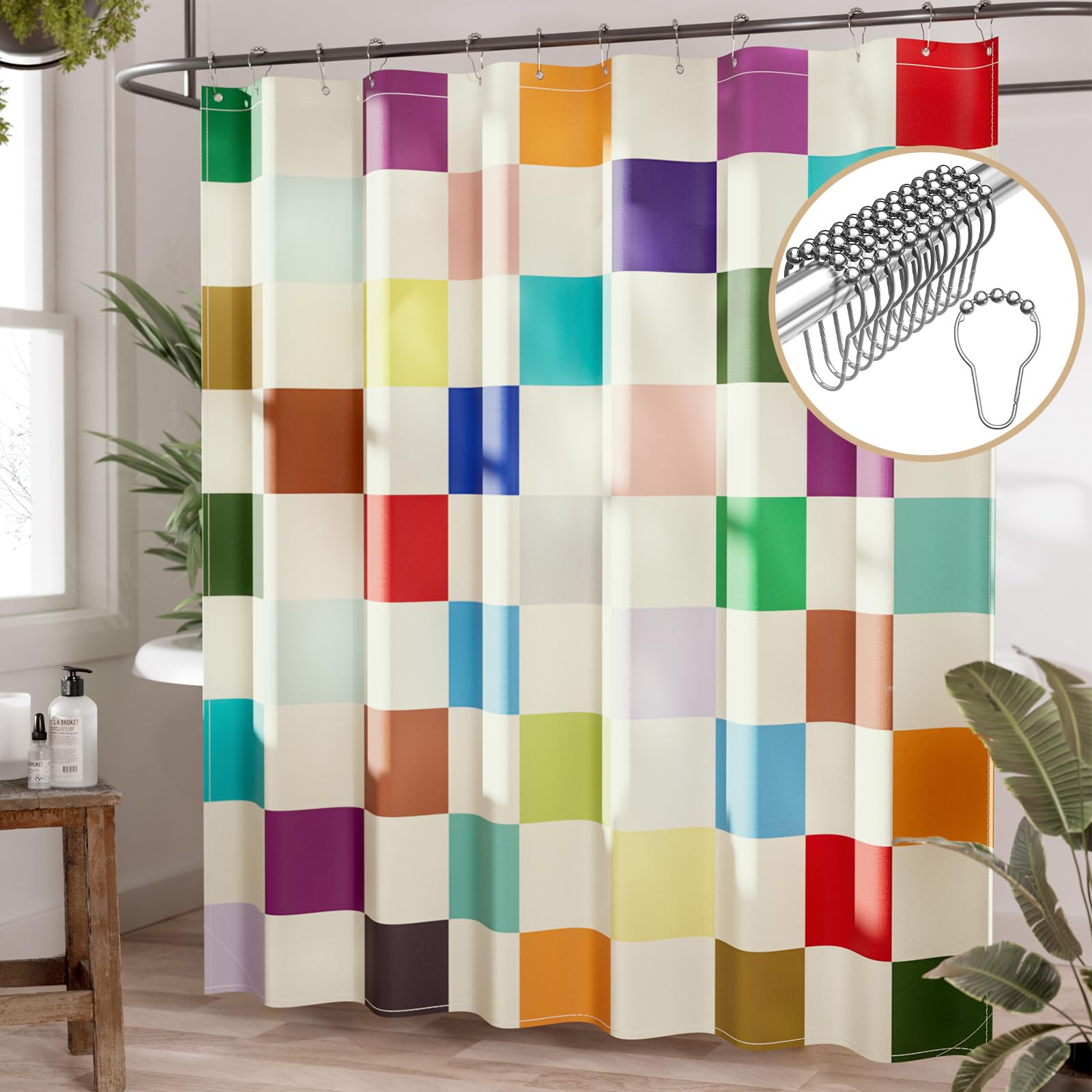 Amazerbath Colorful Checkered Shower Curtain, 72X72 Washable Cloth Modern Geometric Shower Curtains For Bathroom, Fabric Cute Ki
