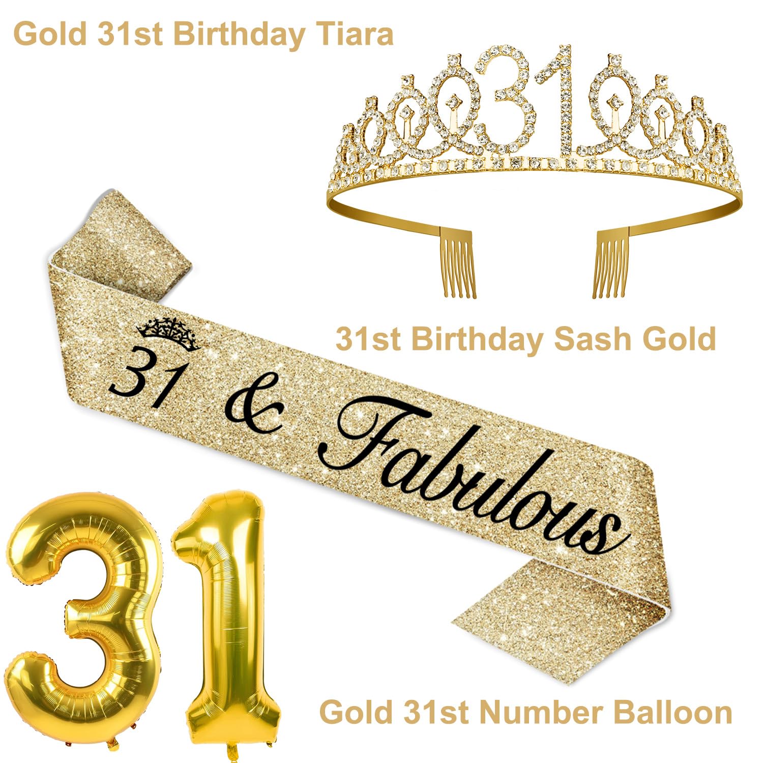 31st Birthday Decorations for Women Gold with 31st Birthday Tiara and Sash, Cake Topper and Number Candles, Number Balloons, 31