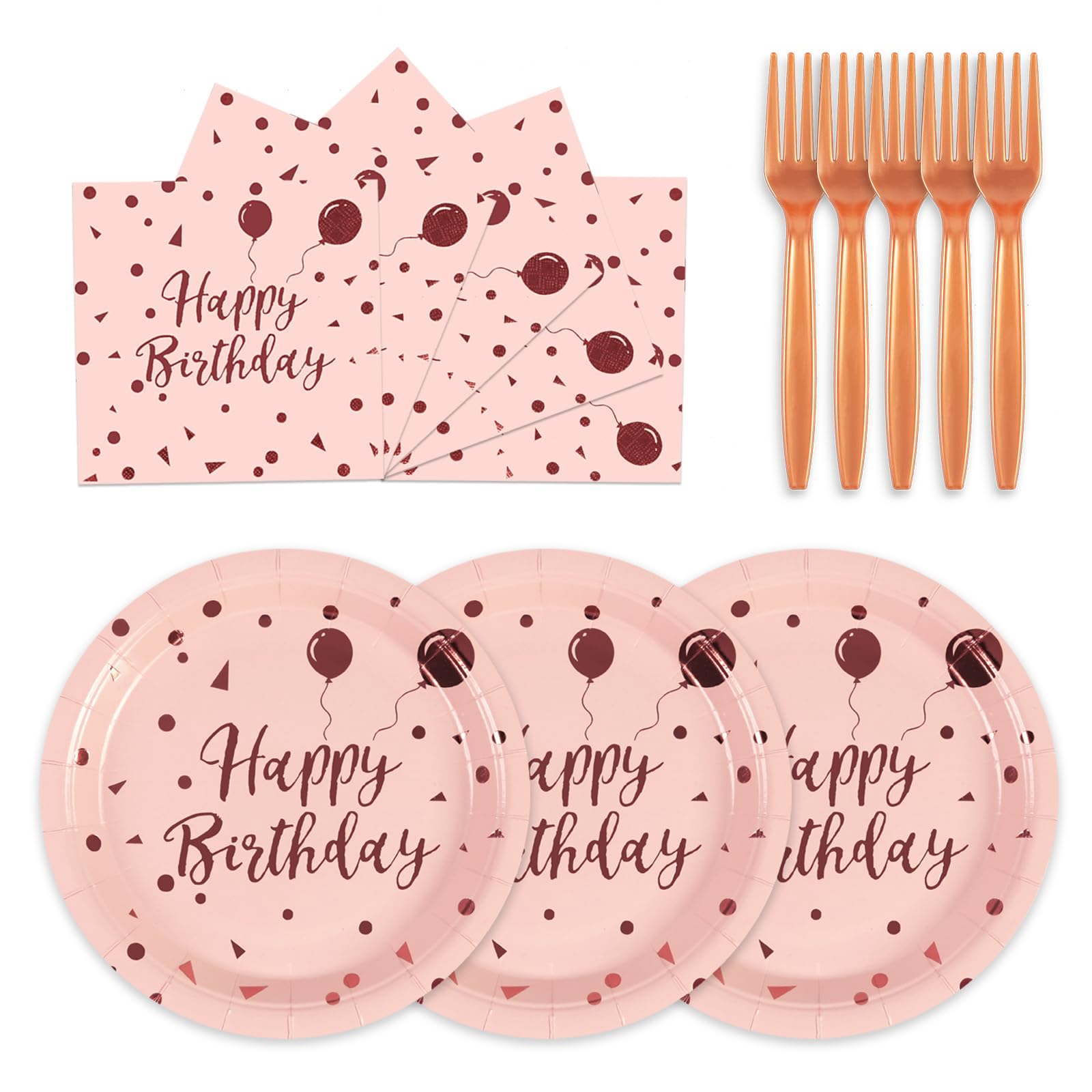 75Pcs Happy Birthday Paper Plates - 7 Inch Rose Gold Dot Paper Plates And 6.5 Inch Napkins With 6.3 Inch Gold Forks Disposable T