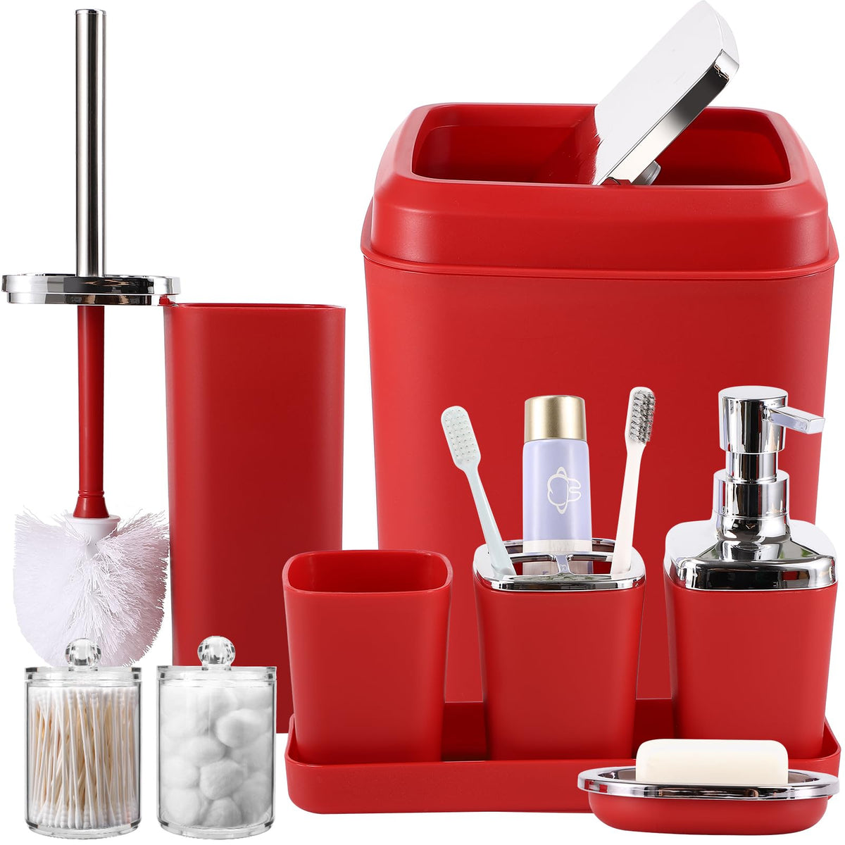 Dark Red Bathroom Accessory Set, 9-Piece Burgundy Bathroom Set With Trash Can, Toothbrush Holder, Toothbrush Cup, Soap Dispenser