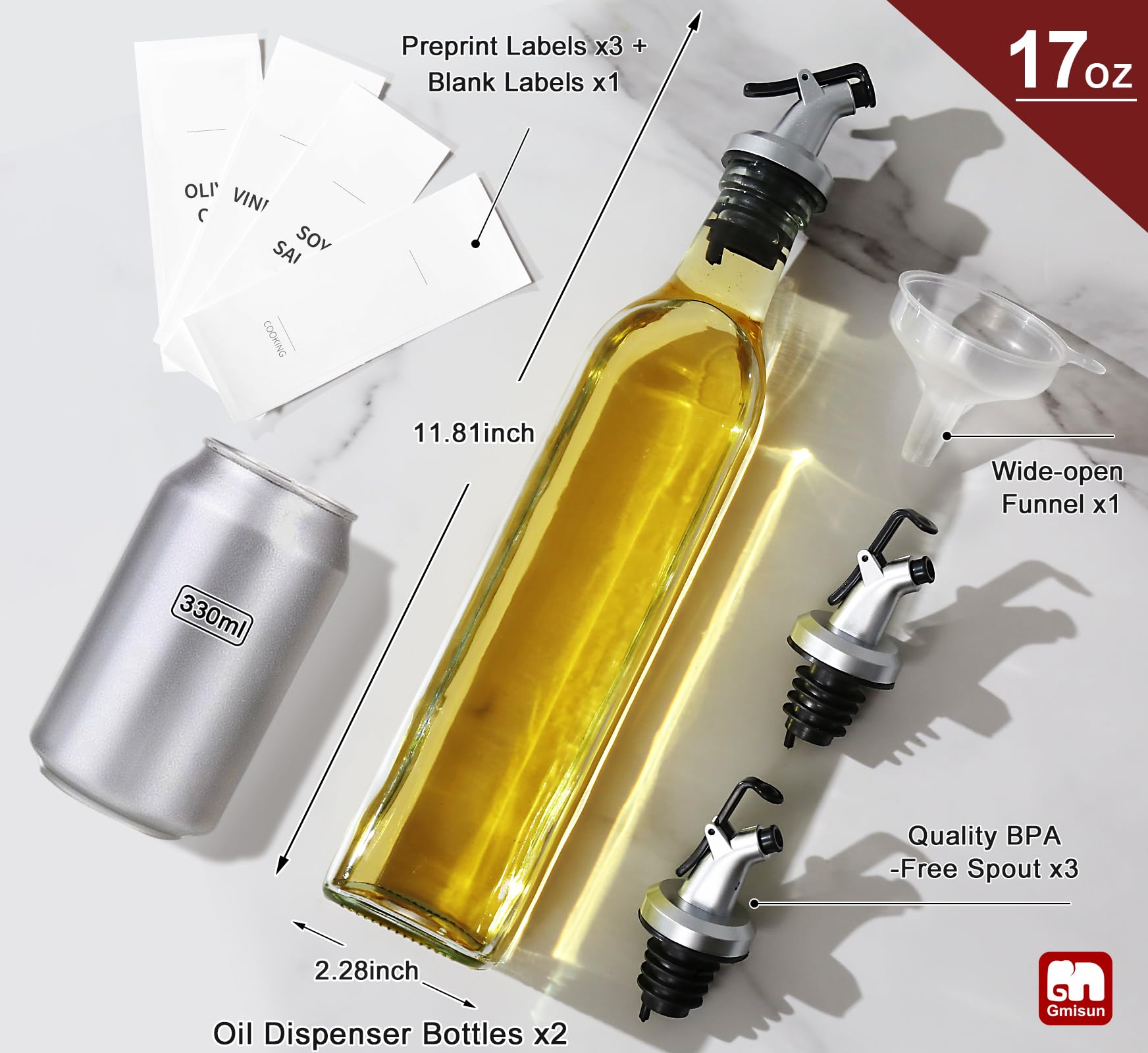 Gmisun Oil And Vinegar Dispenser Set, Olive Oil Dispenser Bottle For Kitchen With 17Oz / 500Ml Olive Oil Bottle, Spout, Funnel A