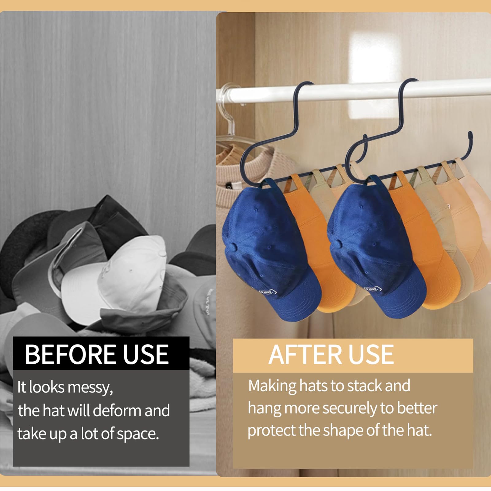 Hat Rack,Hat Organizer For Baseball Caps,2 Pack Metal Hat Holder For Closet,Baseball Cap Organizer Holds Up To 20 Caps, Slip-Res