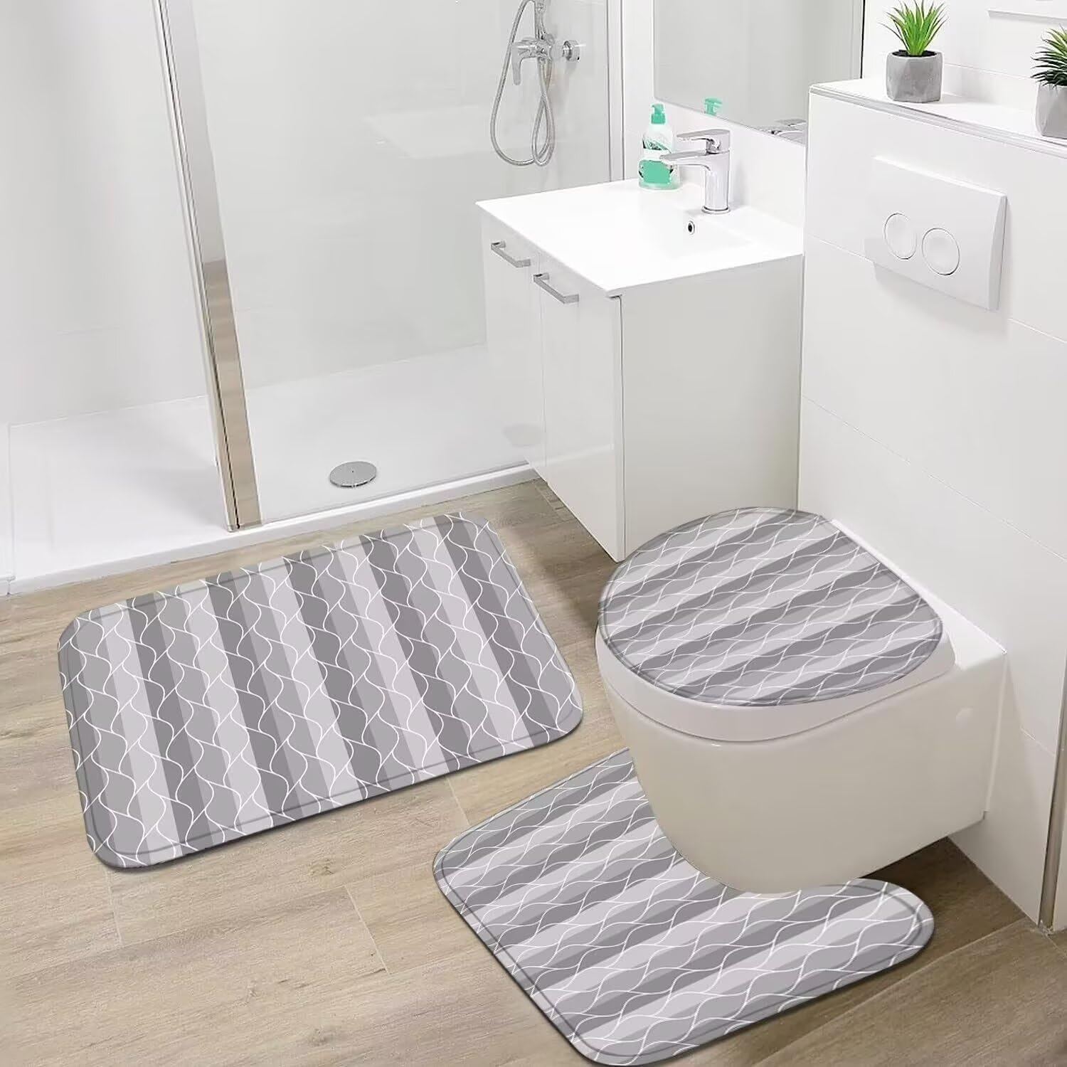 Ddqq 4Pcs Grey Shower Curtain Set With Rugs Stripe Bathroom Sets Geometric Wave Lines Shower Curtain With 12 Hooks Bathroom Deco