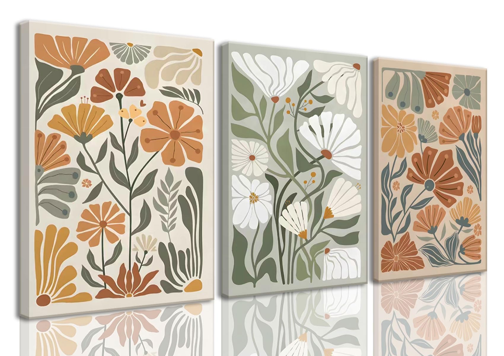 Kissfox Framed Canvas Wall Art Abstract Floral Botanical Print Set Of 3 Green Beige Wildflower Flower Market Paintings Boho Mode