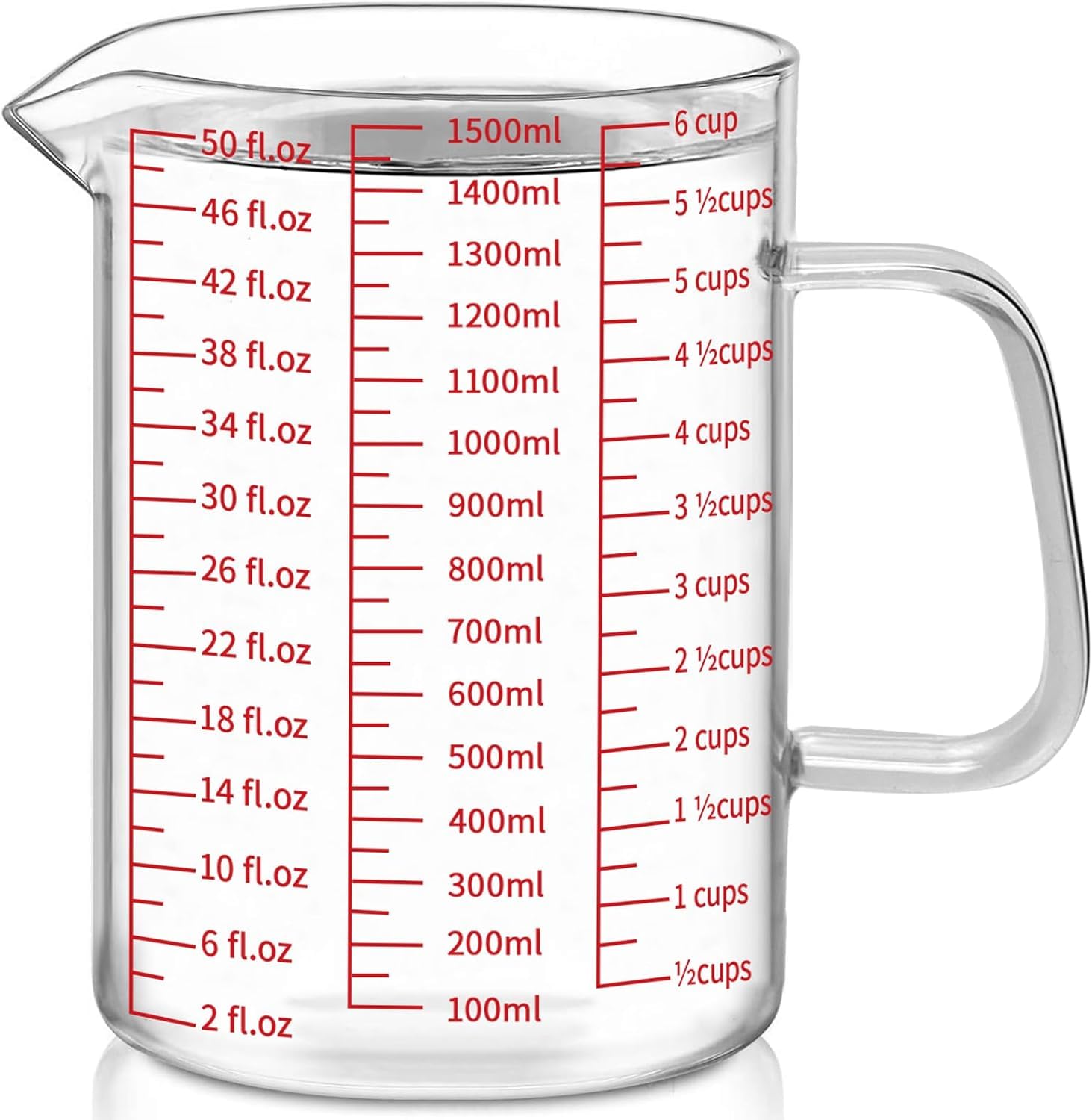 Luvan 50oz/6 Cups Glass Measuring Cup  Easy to Read with 3 measurement scales (Ml/Oz/Cup)  Insulated Handle and V-shaped Spout  High Borosilicate Glass Measuring Cup  Ideal for Kitchen or Restaurant