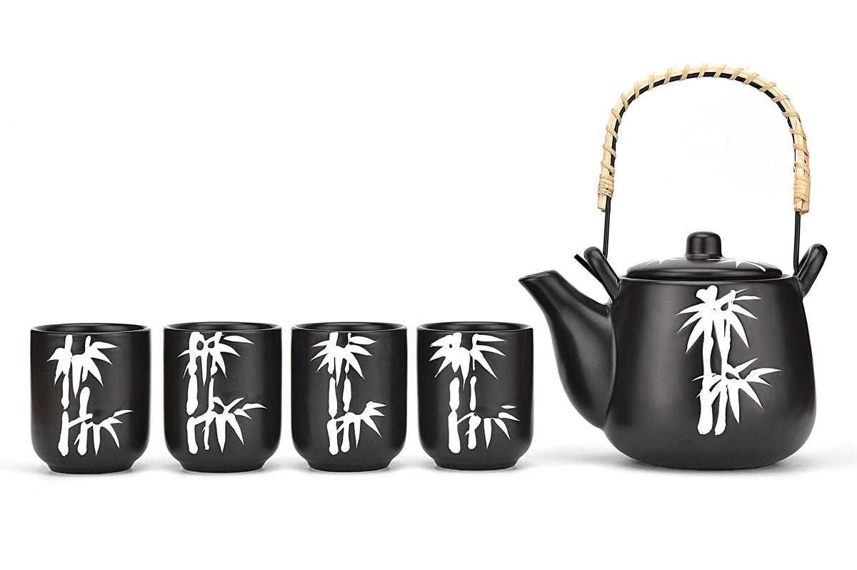 Mose Cafolo Japanese Tea Set Black With White Bamboo Ceramic Tetsubin Teapot & 4 Teacups, Stainless Steel Infuser, Rattan Handle