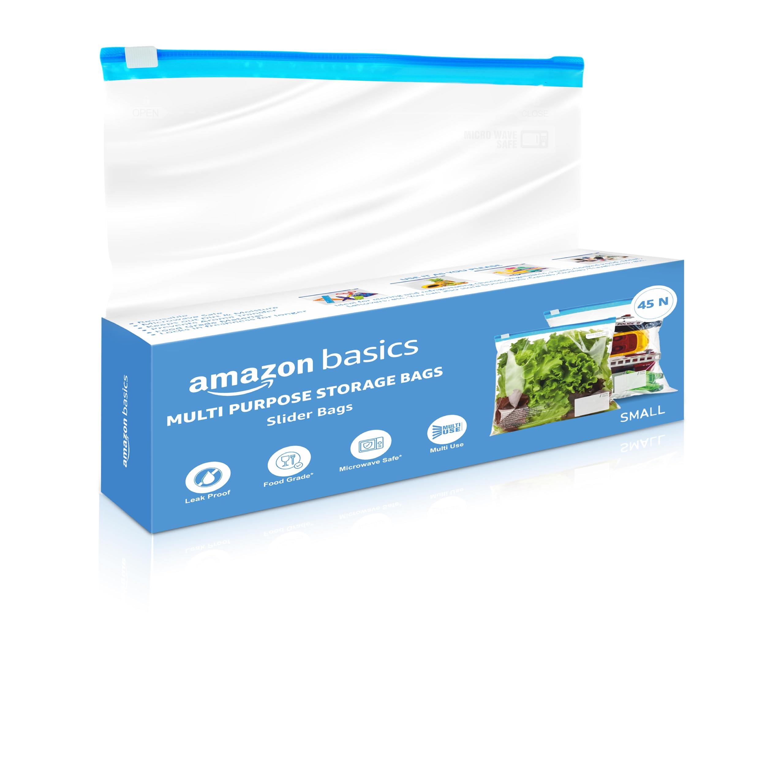 Amazon Basics  Multipurpose Slider Storage Bags | 45 Bags | Small | 21.3 X 18 Cm | Reusable And Reclosable | Material Plastic |
