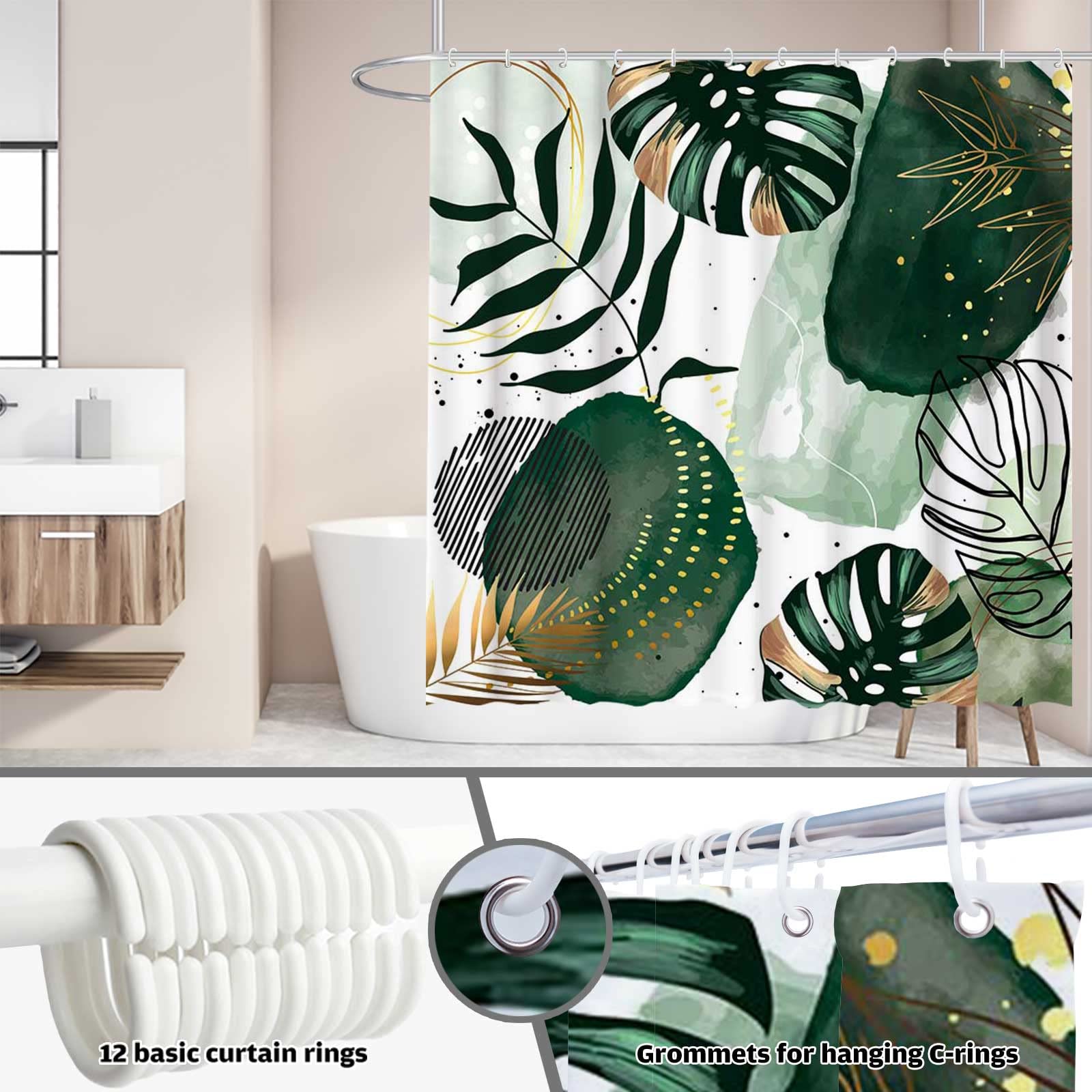 Funnytree Green Chic Abstract Shower Curtain Set With Hooks Boho Leaves Tropical Watercolor Simple Minimalist Fancy Modern Bathr