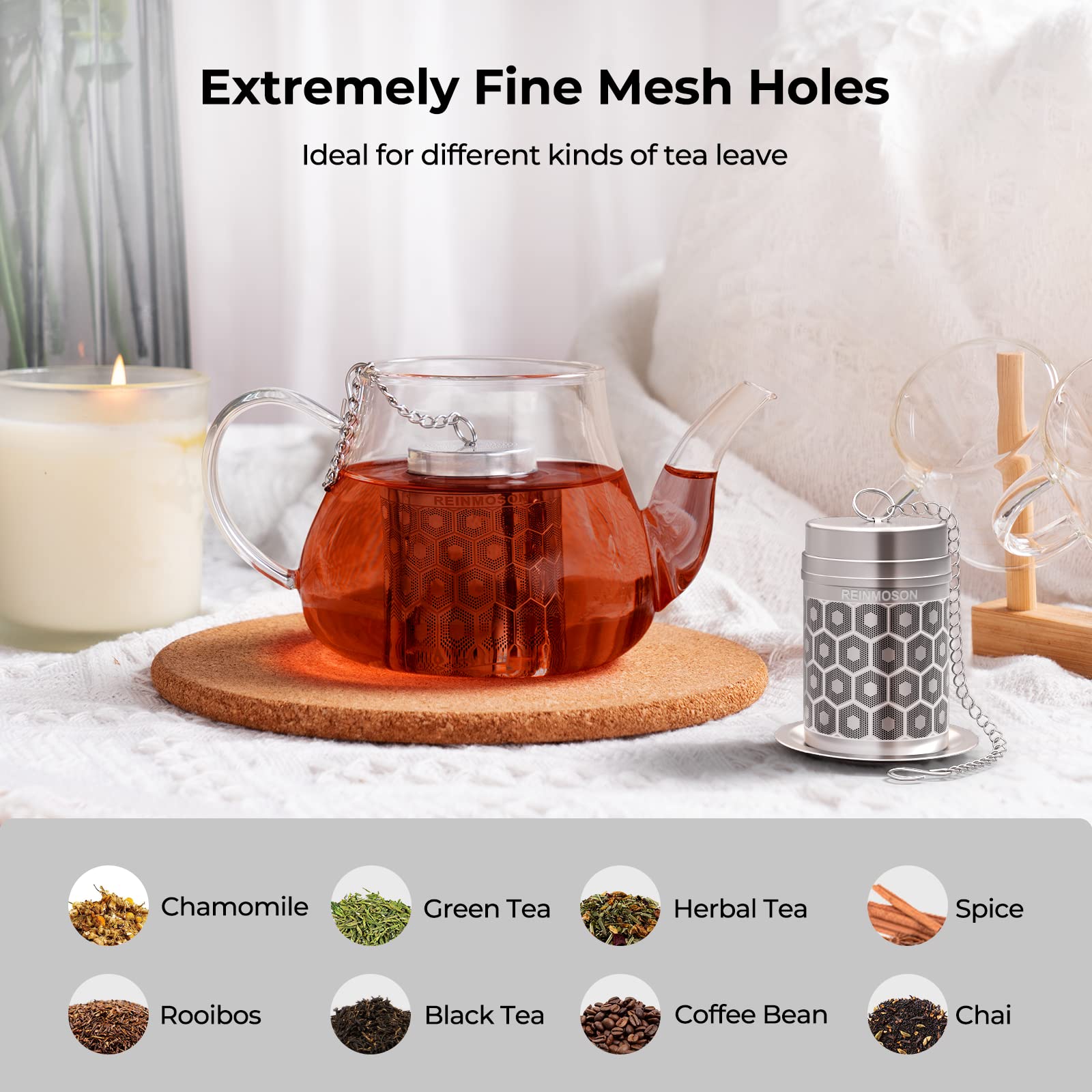 Reinmoson Tea Strainers For Loose Tea, Extra Fine Mesh Tea Infuser, 304 Stainless Steel & Updated Slim Threaded Lid, Loose Leaf