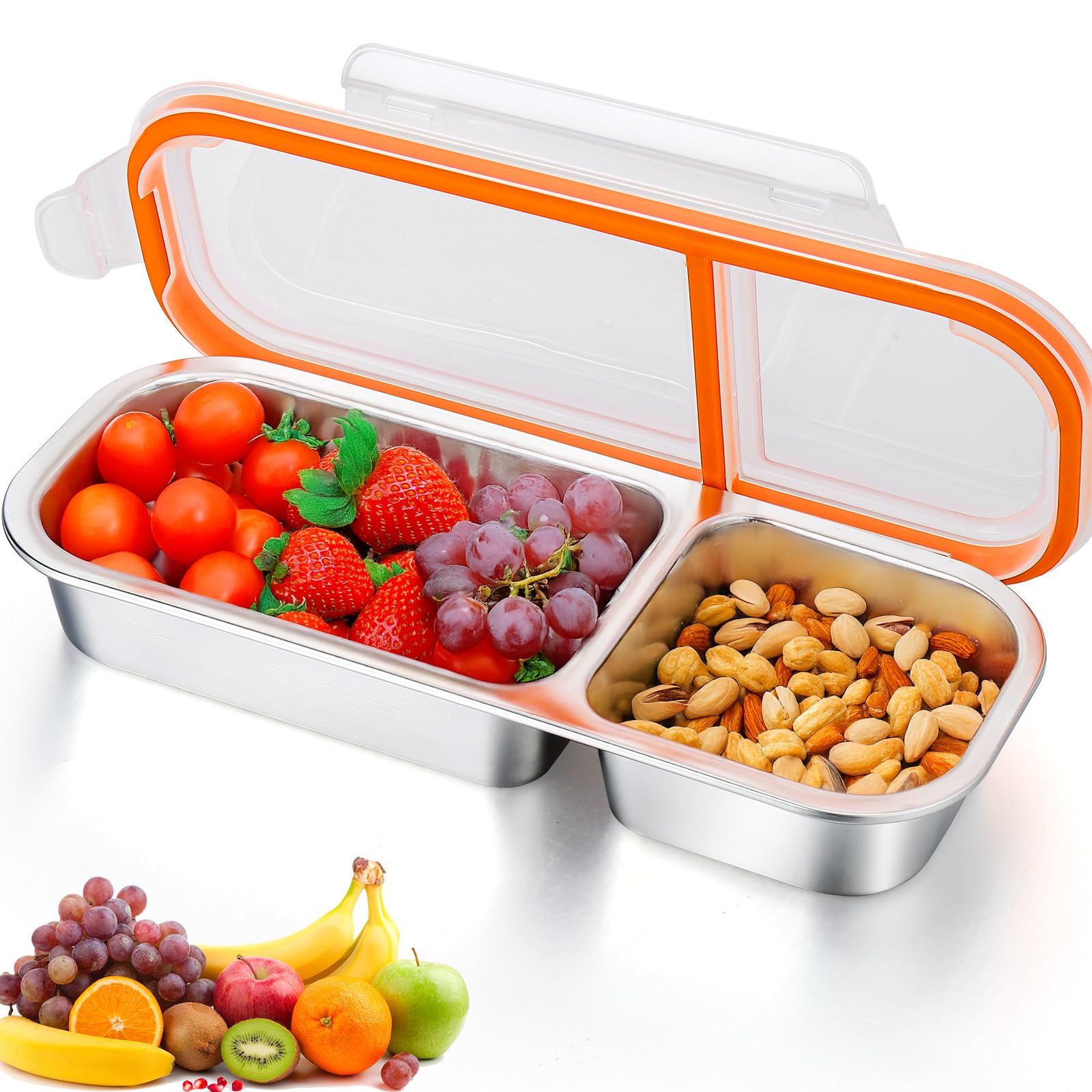 Aiersa Reusable Snack Containers With Lids, 2 Compartment Snack Containers, Stainless Steel