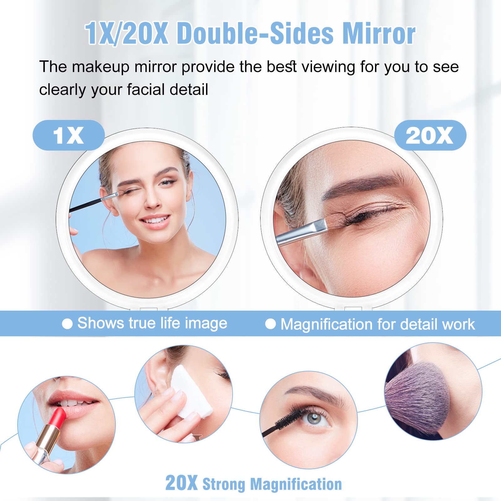 JMH Magnifying Handheld Mirror Double Sided  1X 20X Magnification Hand Mirror  Travel Folding Held Adjustable Rotation Pedestal  Portable Small Makeup Mirror  6 Inch