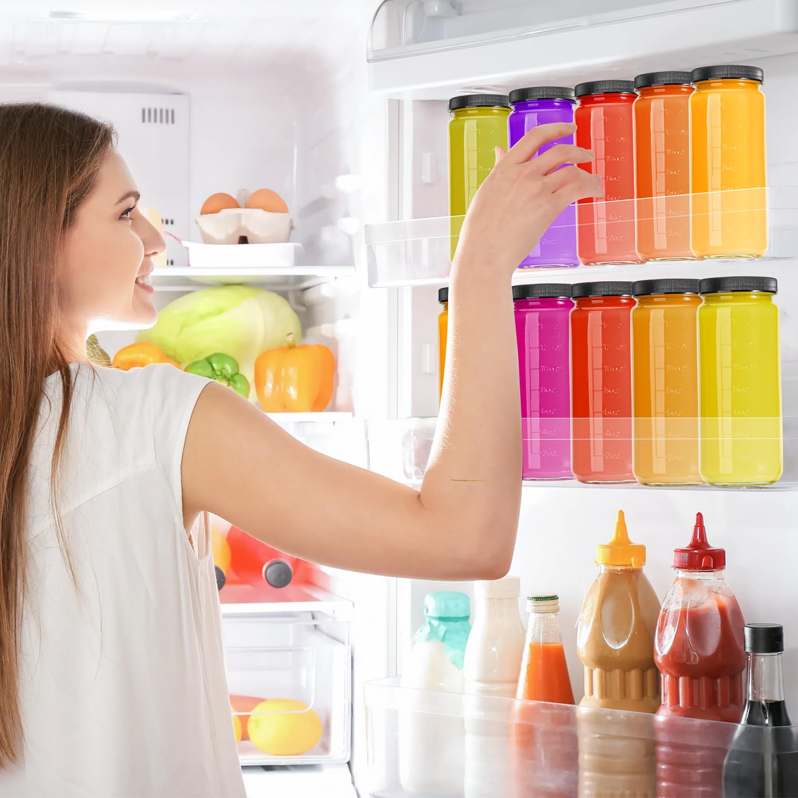 Ruckae 16Oz 10 Pack Juice Bottles, Glass Bottles With Lids, Smoothie Cup Lids And Straws, Water Bottle Mason Jar Drinking Glasse