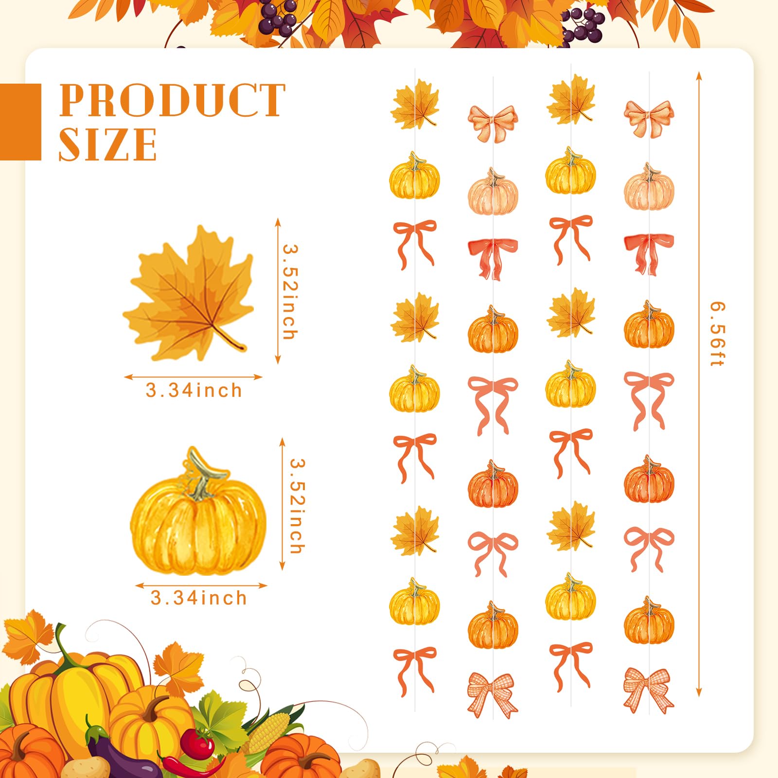 TaoBary 8 Pack Fall Decor Fall Pumpkin Garland 6.56 ft Orange Pumpkin Paper Bow Hanging Banner for Thanksgiving Autumn Harvest B