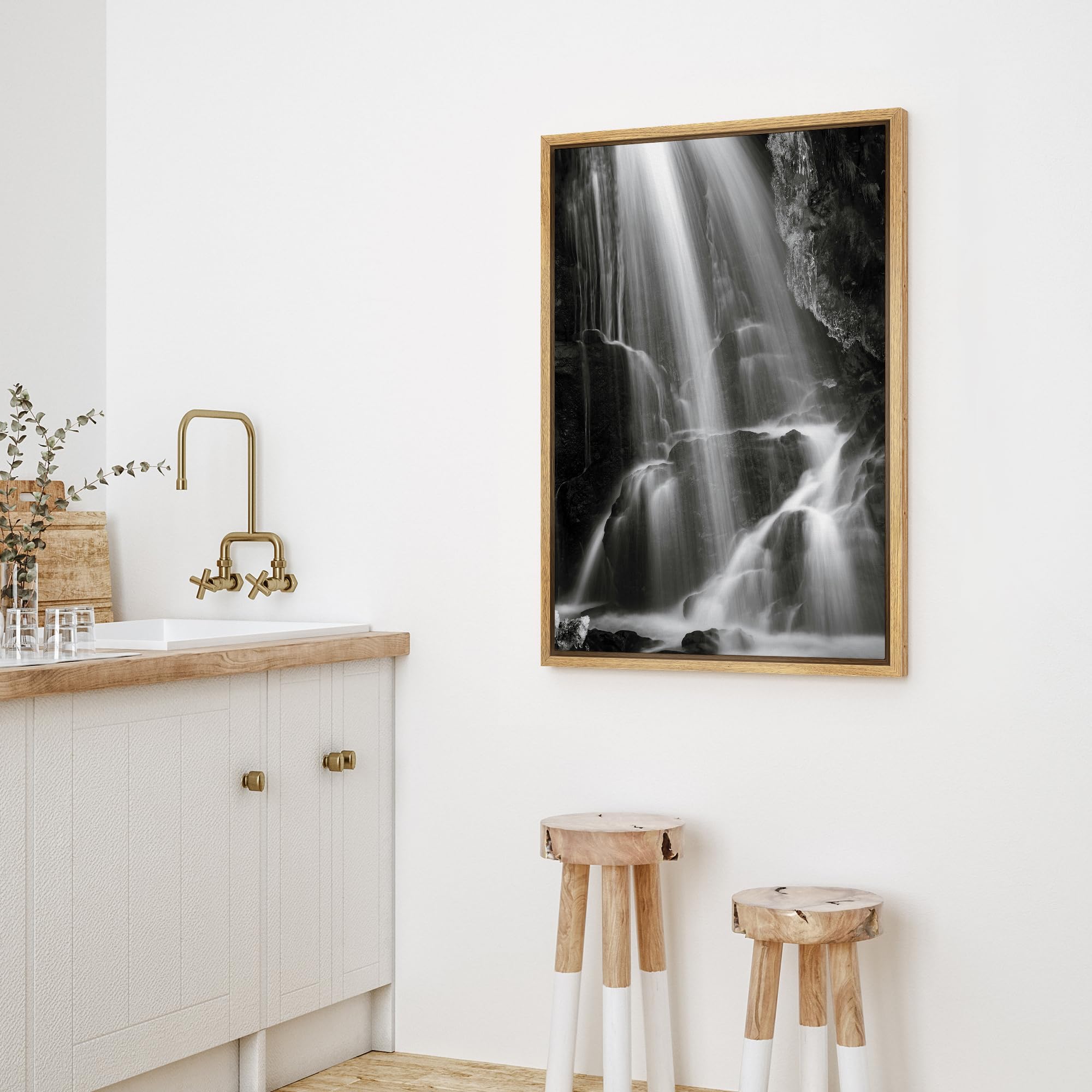 Wall26 Framed Canvas Print Wall Art Serene Black And White Waterfall Animals Photography Realism Rustic Scenic Landscape Wildern