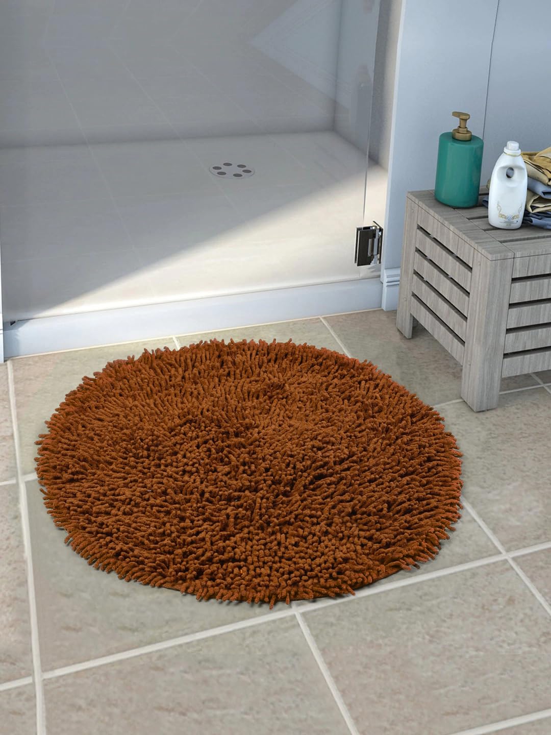 Saral Home Easy Living Cotton Shaggy Anti-Skid Round Bath Mat (Brown, 60X60 Cm)
