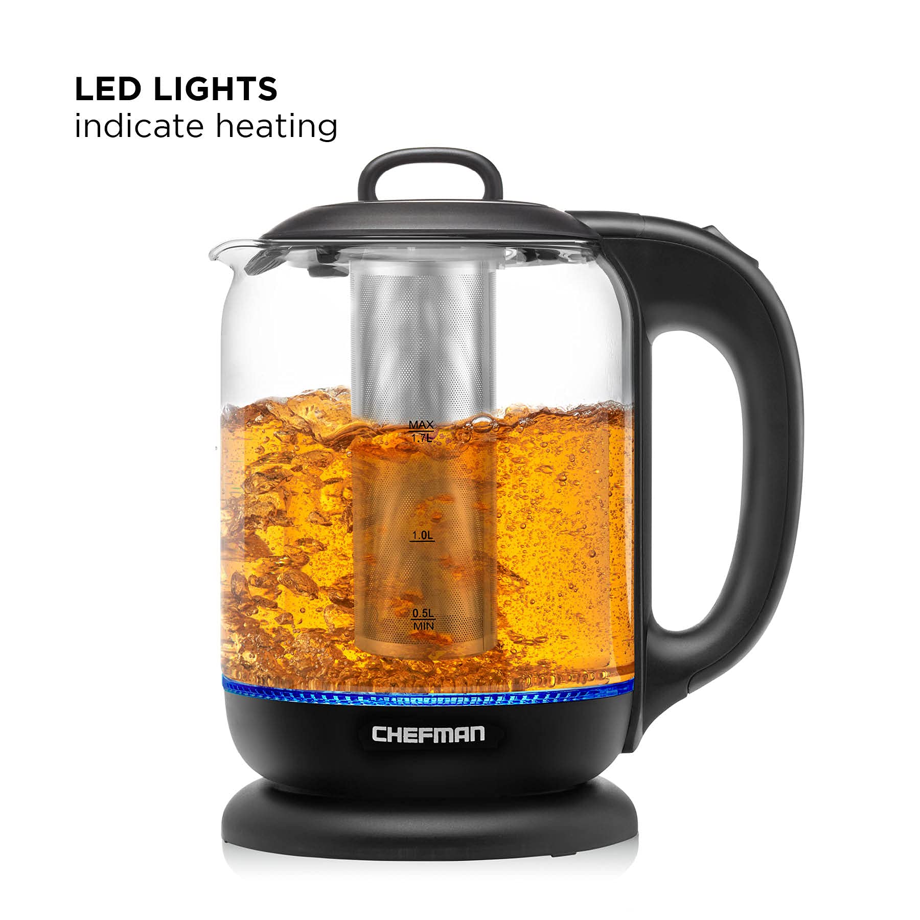 Chefman 1.7 Liter Electric Kettle With Tea Infuser, Cordless With Removable Lid And 360 Swivel Base, Led Indicator Lights, Black
