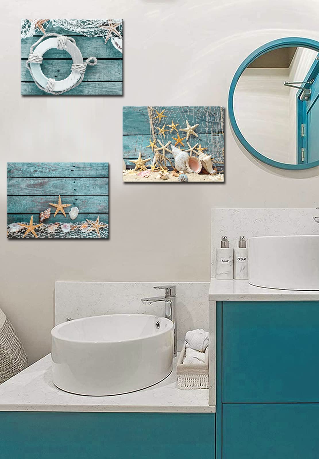Biuteawal- 3 Piece Canvas Wall Art Starfish Shell On Teal Board Painting Prints Beach Nature Picture Canvas Artwork For Home Kit