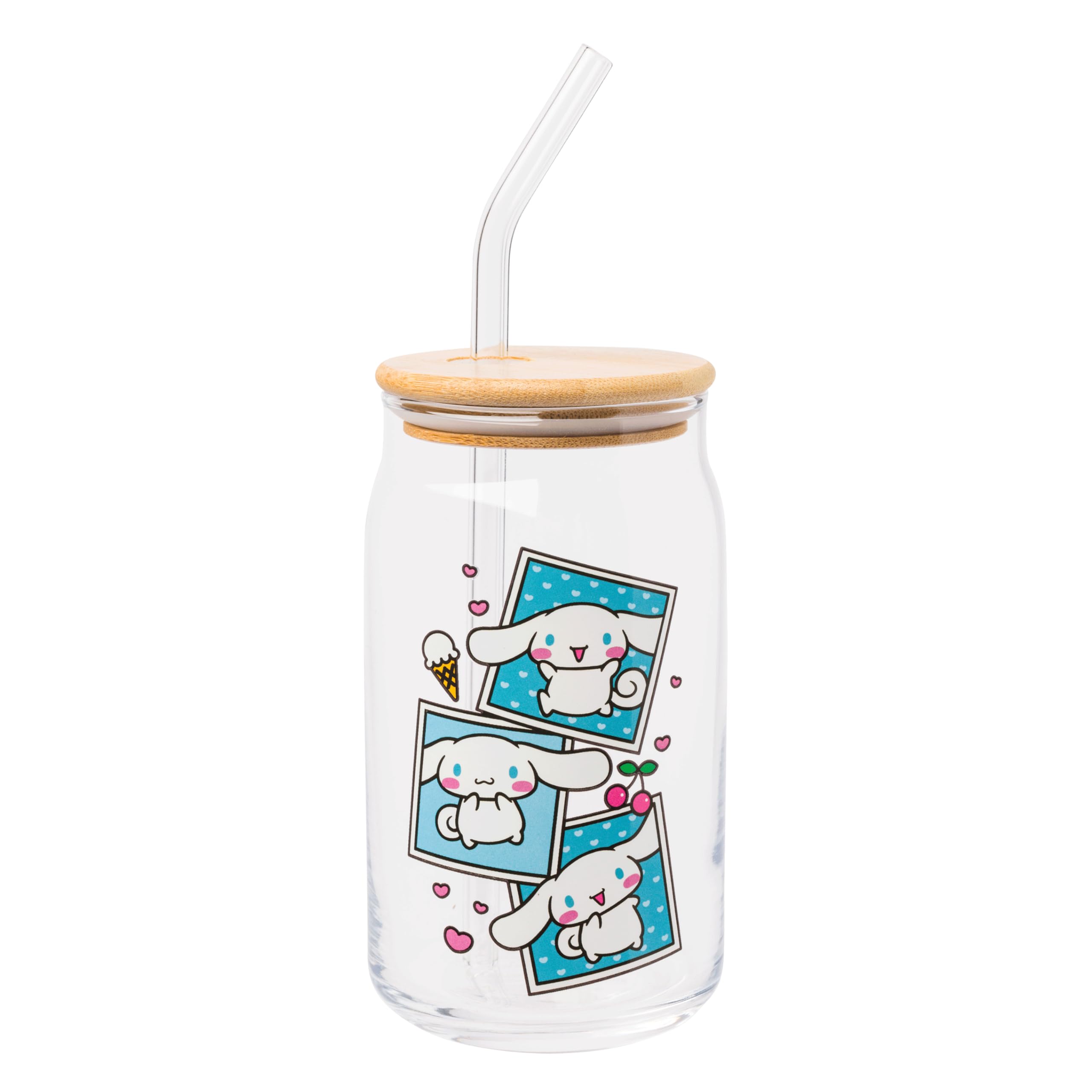 Silver Buffalo Sanrio Hello Kitty and Friends Cinnamoroll Polaroids Glass Jar Tumbler with Bamboo Lid and Glass Straw, 16 Ounces