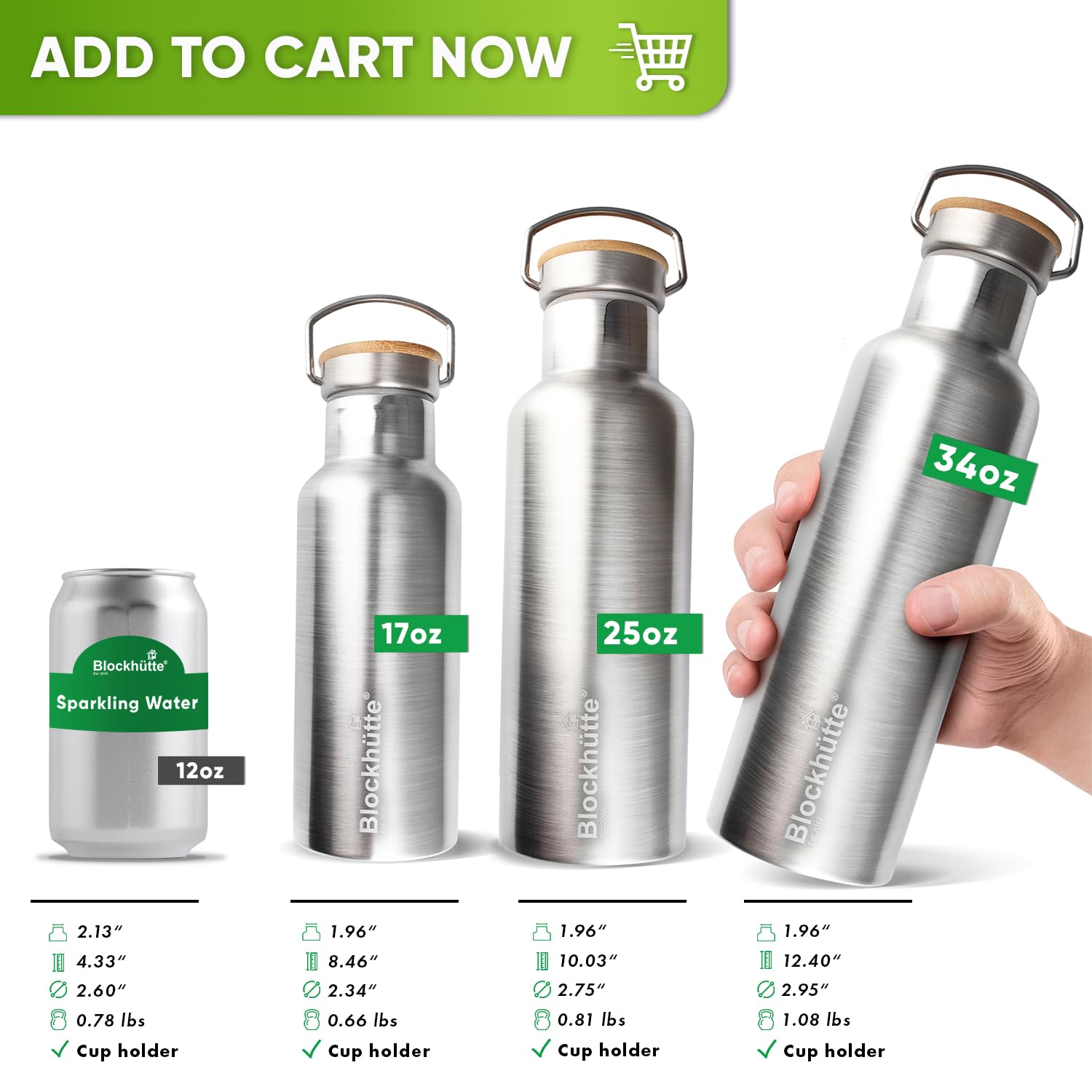 Blockhuette Vacuum Insulated Stainless Steel Water Bottle I 34 Oz I Wide Mouth Insulated Metal Bottle For Cold Drinks I Bpa-Free