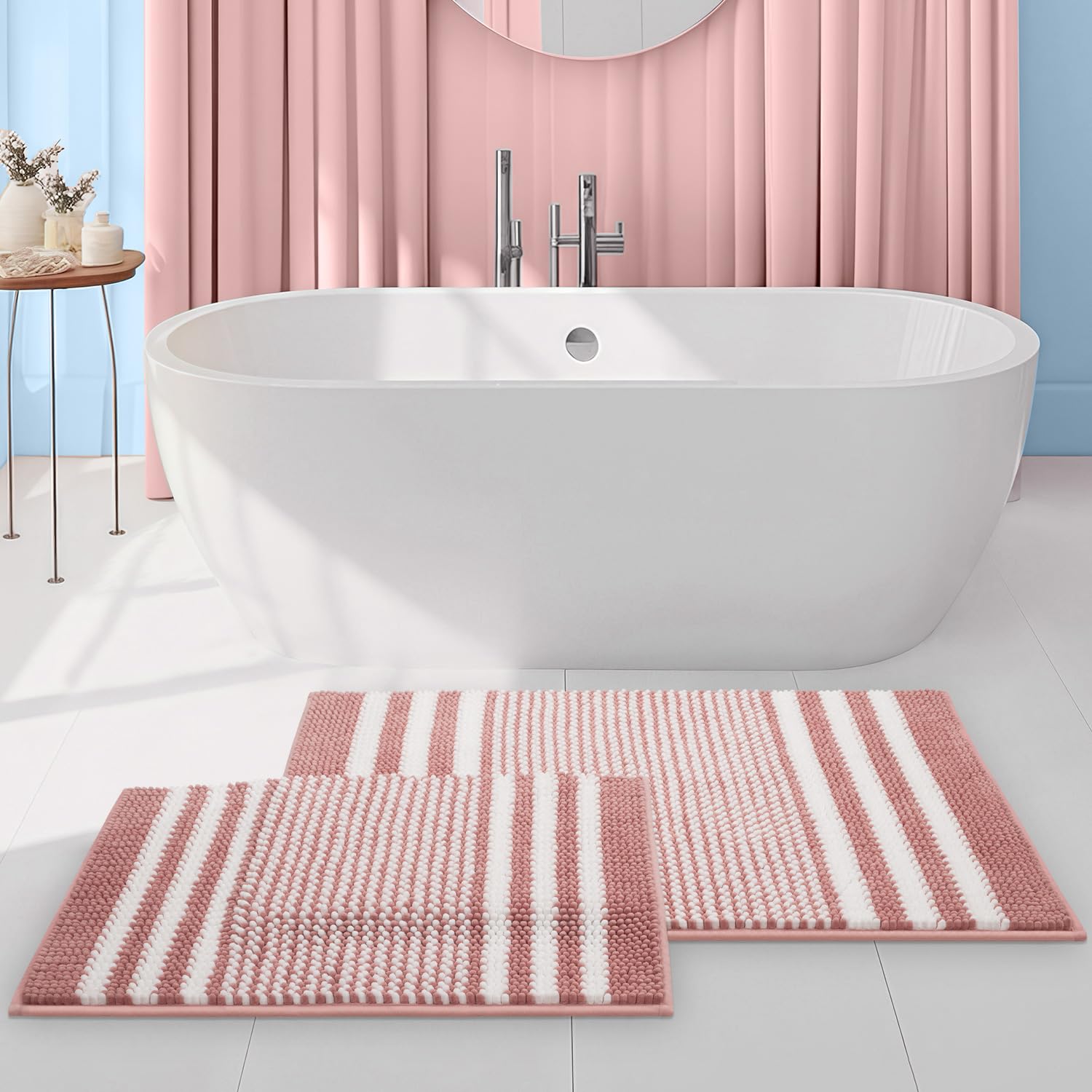 Tindbea Bathroom Rugs Set 2 Piece, Extra Soft And Absorbent Fluffy Striped Chenille Bath Mat Rug Set, Non Slip Bathroom Floor Ma