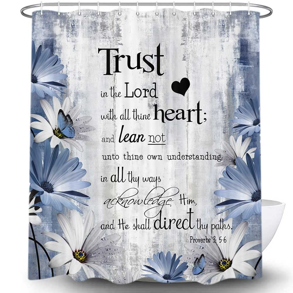 Rustic Farmhouse Blue Shower Curtain Bible Verse Inspirational Shower Curtain Country Farm Bright Navy Blue Daisy Flowers Butter