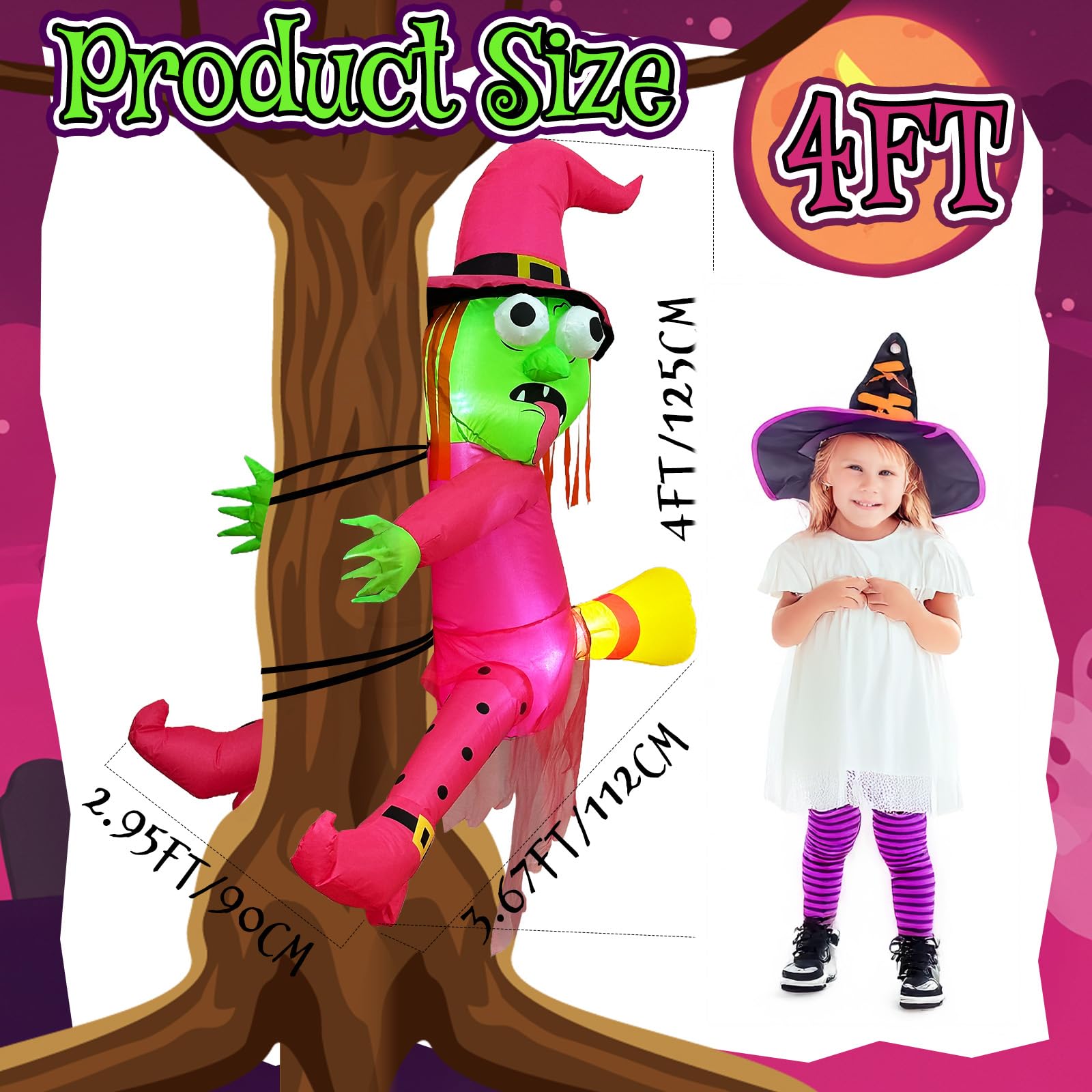 Fayavoo 4FT Halloween Inflatables Witch Outdoor Decoration, Funny Blow Ups Witch Crashing into Tree, Pink Halloween Yard Dec or