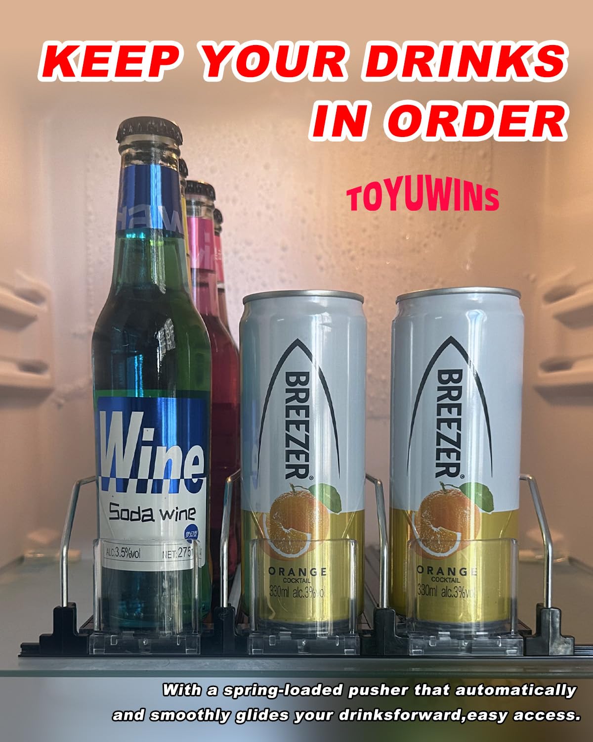 Toyuwins 15'' Black Drink Organizer For Fridge 3 Rows, Soda Can Dispenser For Refrigerator Adjustable Width, Self-Pushing Can St