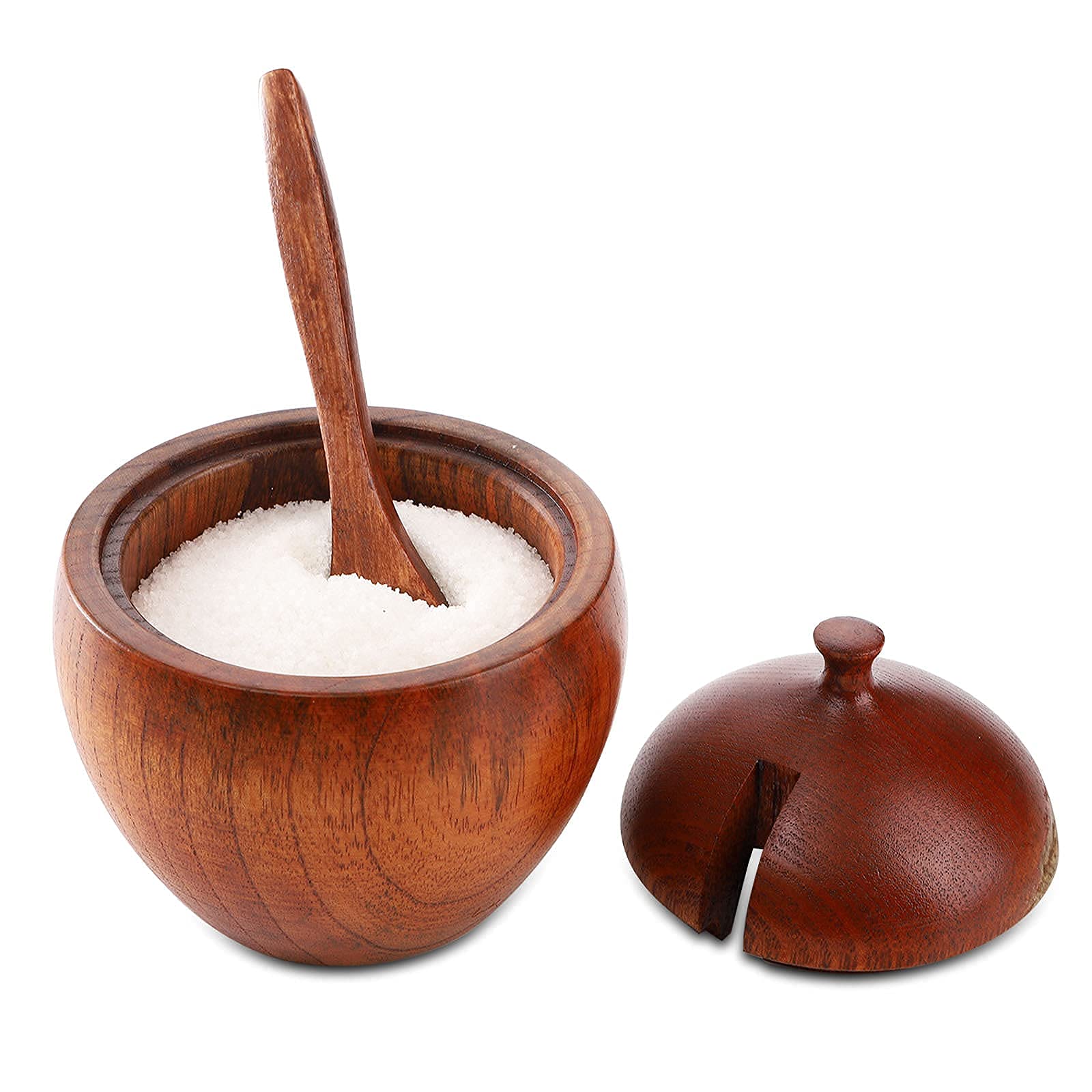 Deayou 3 Pack Wood Salt Box Spice Jar, Natural Wooden Salt Cellar With Lid And Spoon, Sugar Bowl Pepper Seasoning Container Hold