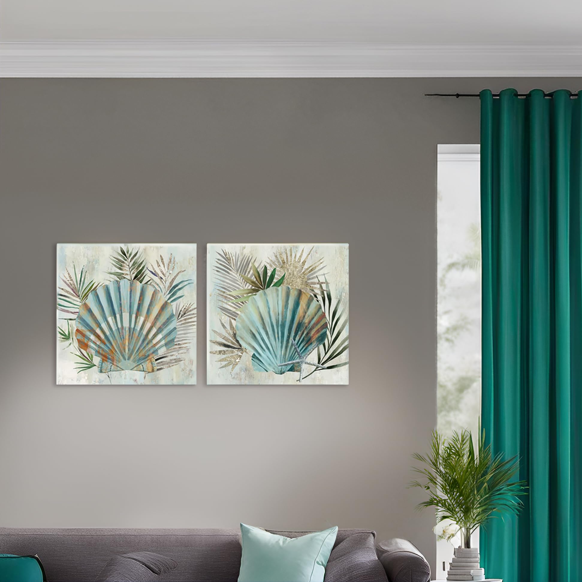 JAPO ART Turquoise Shell by PI Creative Art Modern Canvas seashells Wall Pictures Giclee Artwork Print on Canvas Framed Stretched Decor for Living Room Bedroom 12 x 12 inch x 2 pcs