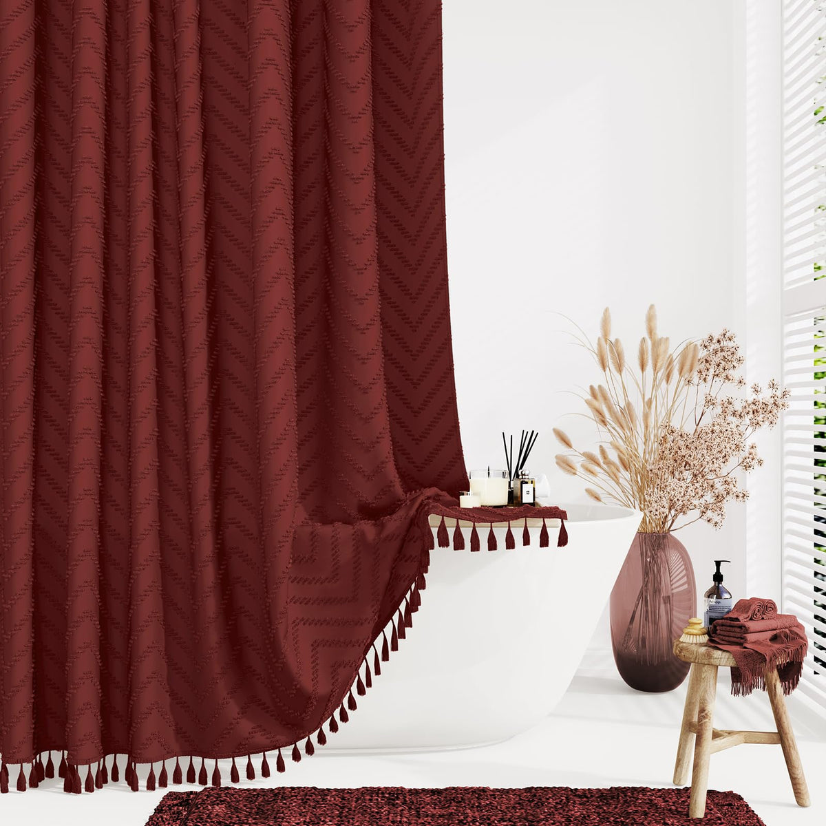 Dynamene Boho Farmhouse Shower Curtain, Burgundy Fabric Tufted Chevron Striped Textured Tassel Shower Curtains For Bathroom, Sha