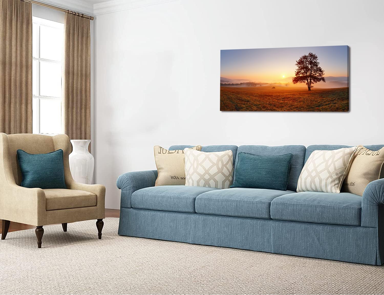 Lasdel Alone Tree On Meadow At Sunset With Mist Landscape Canvas Wall Art For Living Room Bedroom, Beautiful Nature Scenery Pain