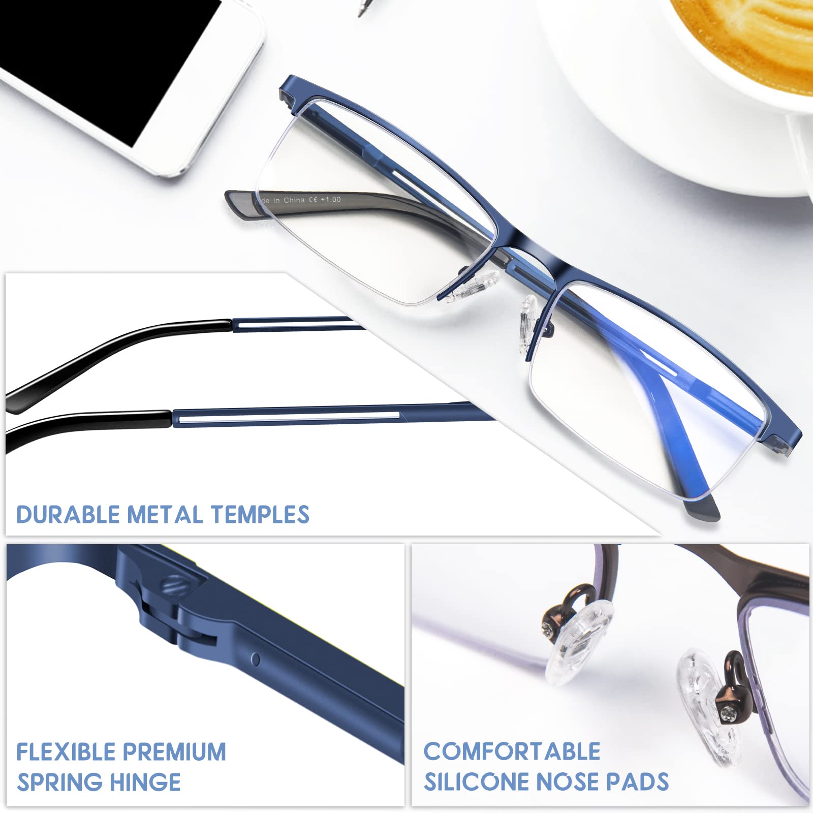 Konhago Blue Light Blocking Reading Glasses For Men, Half Frame Metal Readers Spring Hinge Eyeglasses Anti Eyestrainglareuv