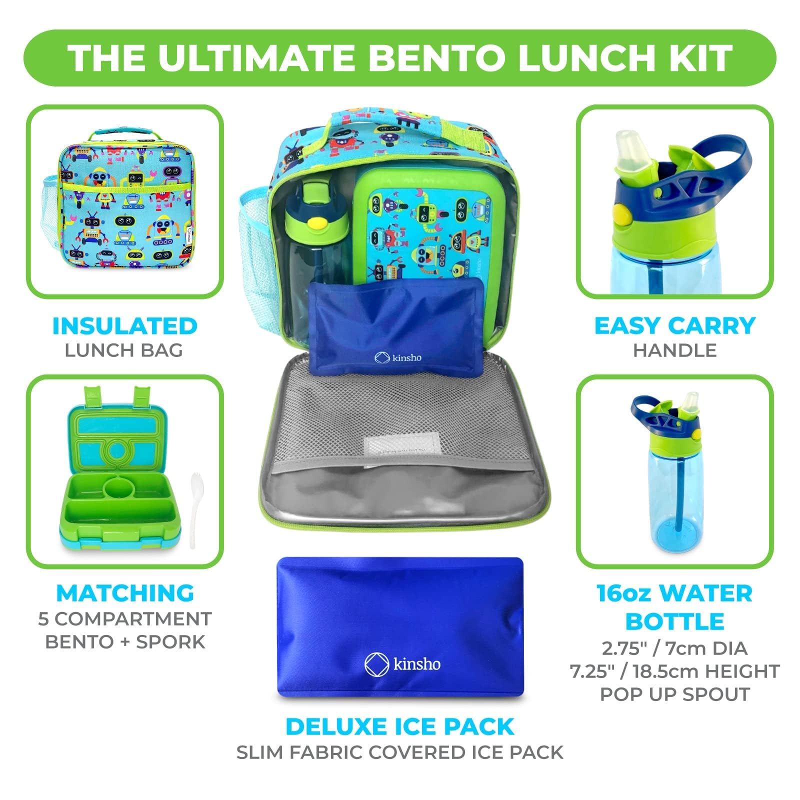 Kinsho Bento Lunch Box And Insulated Bag, Water Bottle & Ice Pack Set For Kids Toddlers, 4 Portion Sections, Removable Tray, Pre