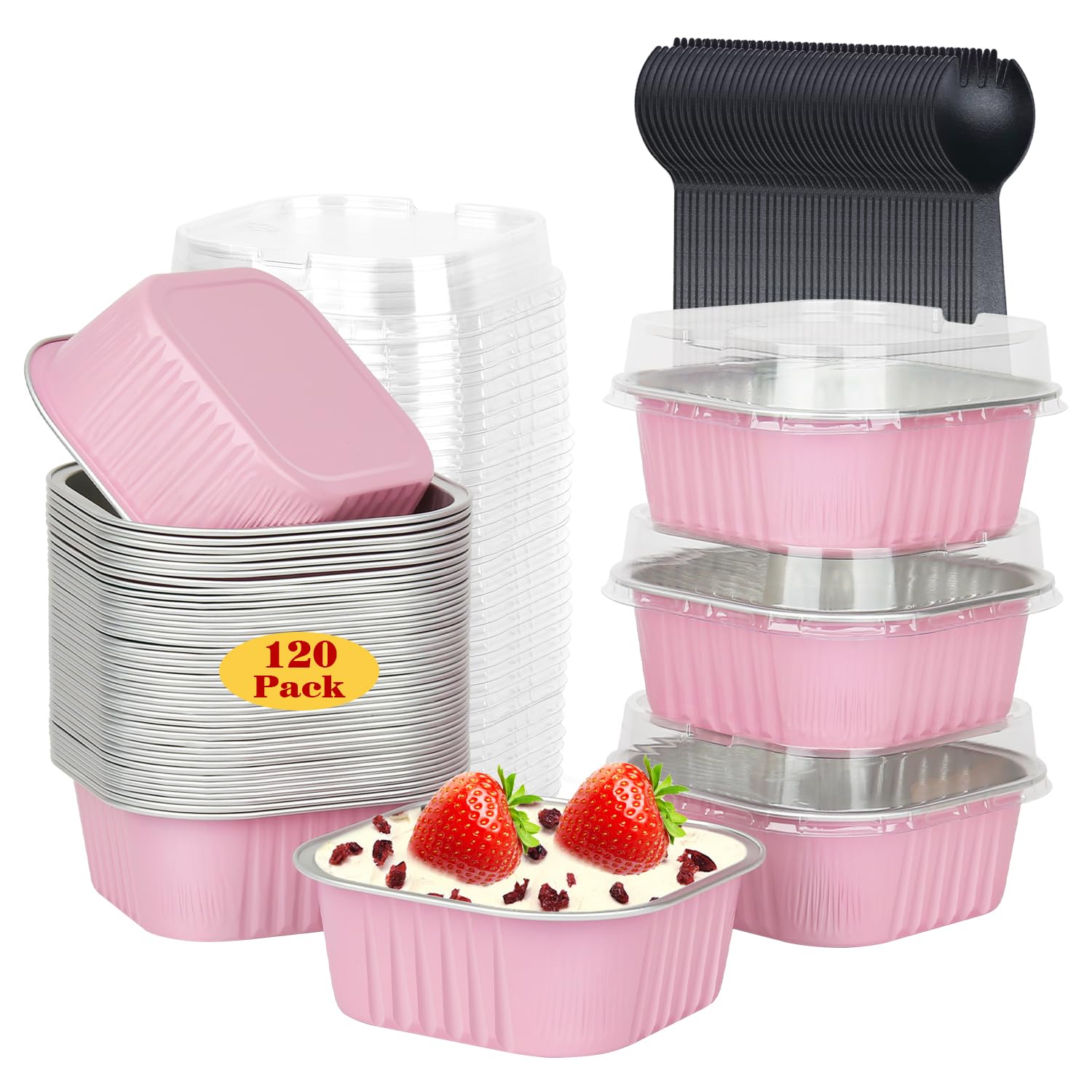 LNYZQUS 120pack/10oz Mini Cake Foil Pans with Lids, 4   x4    Large Cupcake Pan Disposable Ramekins,Small Brownie Baking Cups Sq