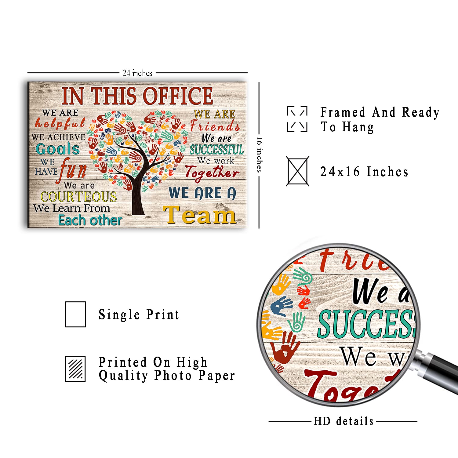 Whaomiot In This Office We Are A Team Inspirational Wall Art Positive Modern Decor Poster Canvas Print 24X16 Inch Frame Ready To