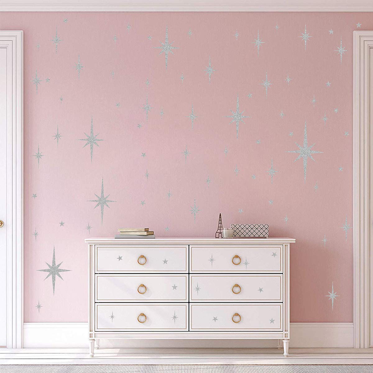 Easma Retro Starburst Wall Decals - 116pcs Vinyl Peel and Stick Stars - Vintage Silver Geometric Nursery Decor