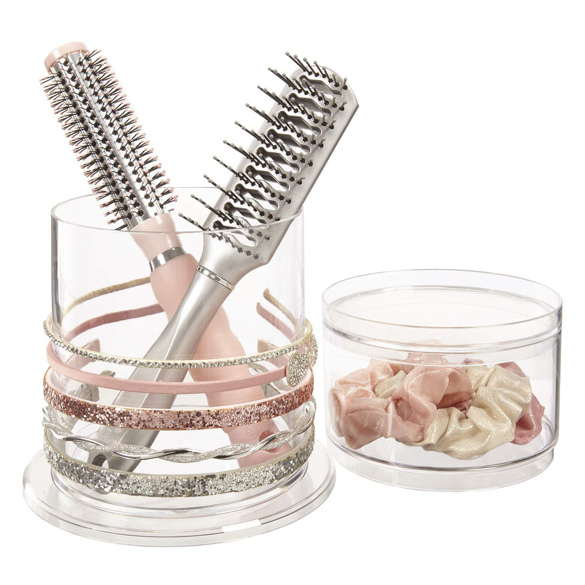 Stori Bella Stackable Clear Plastic Hair Accessory Organizer Set | Round Headband And Hairbrush Holder Stacks On The Storage Con