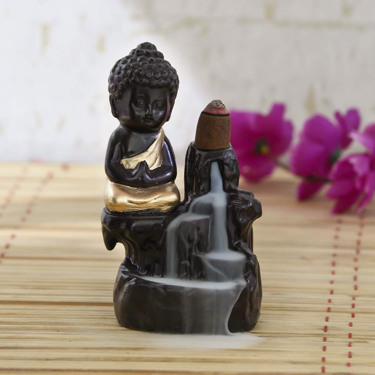 eCraftIndia Black Golden Meditating Monk Buddha Statue Smoke Backflow Incense Holder with Incense Cones Showpiece for Home Decor