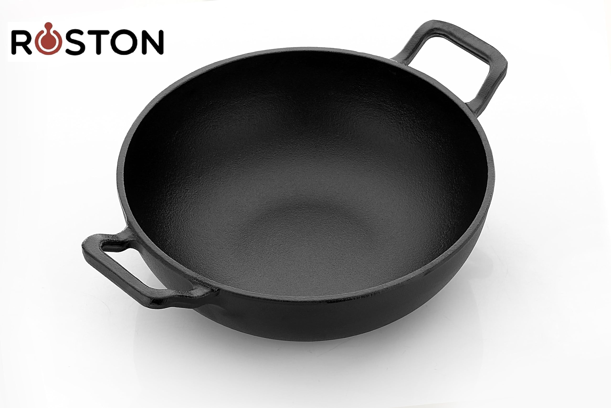 ROSTON Cast Iron Kadai Pre Seasoned Kadhai Wok 26 cm Cast Iron Cookware Deep Kadai, Iron Deep Kadai, Black