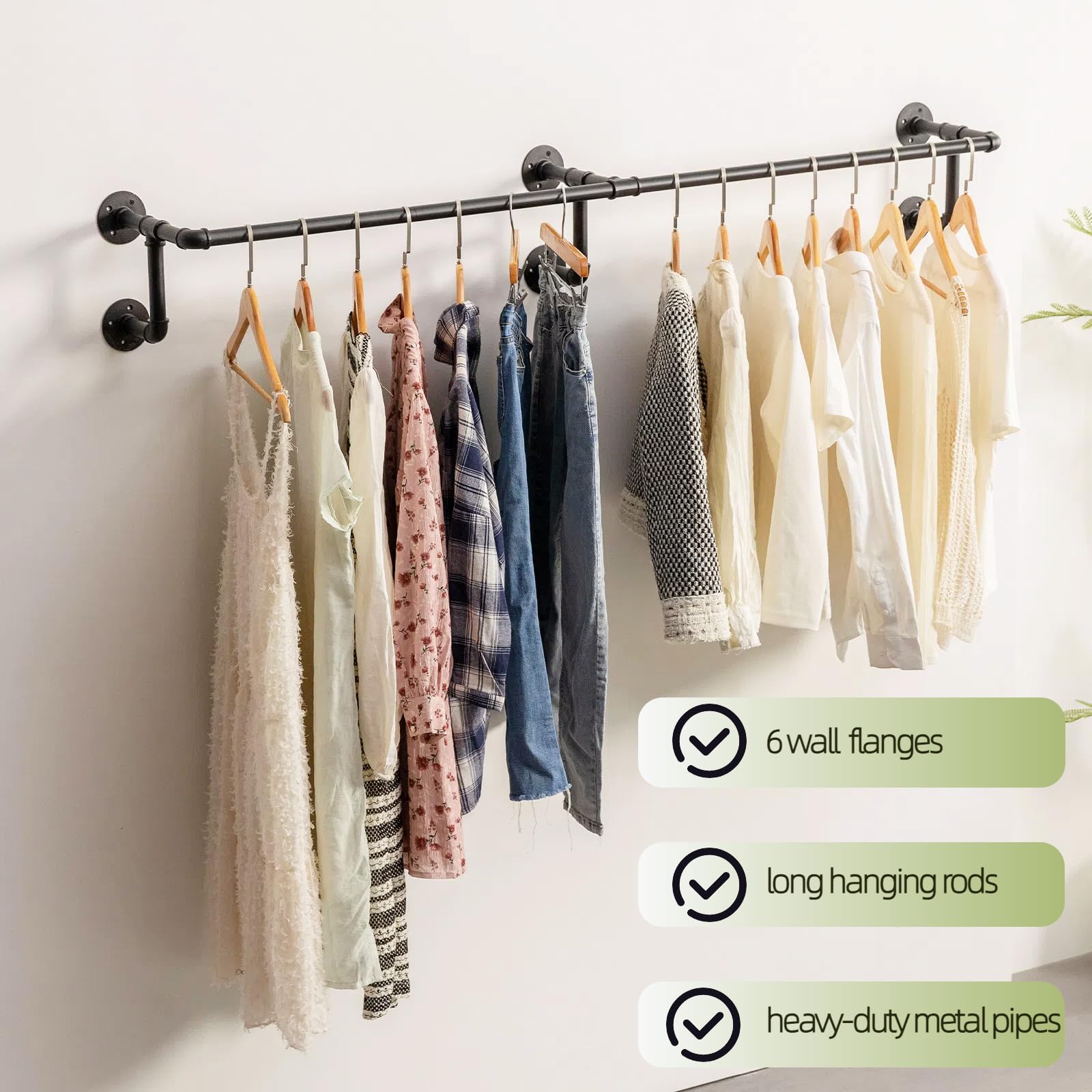 Wall Clothes Rack, Industrial Pipe Clothing Rack For Hanging Clothes, Wall Mounted Heavy Duty Space Saving Garment Racks, Multi-