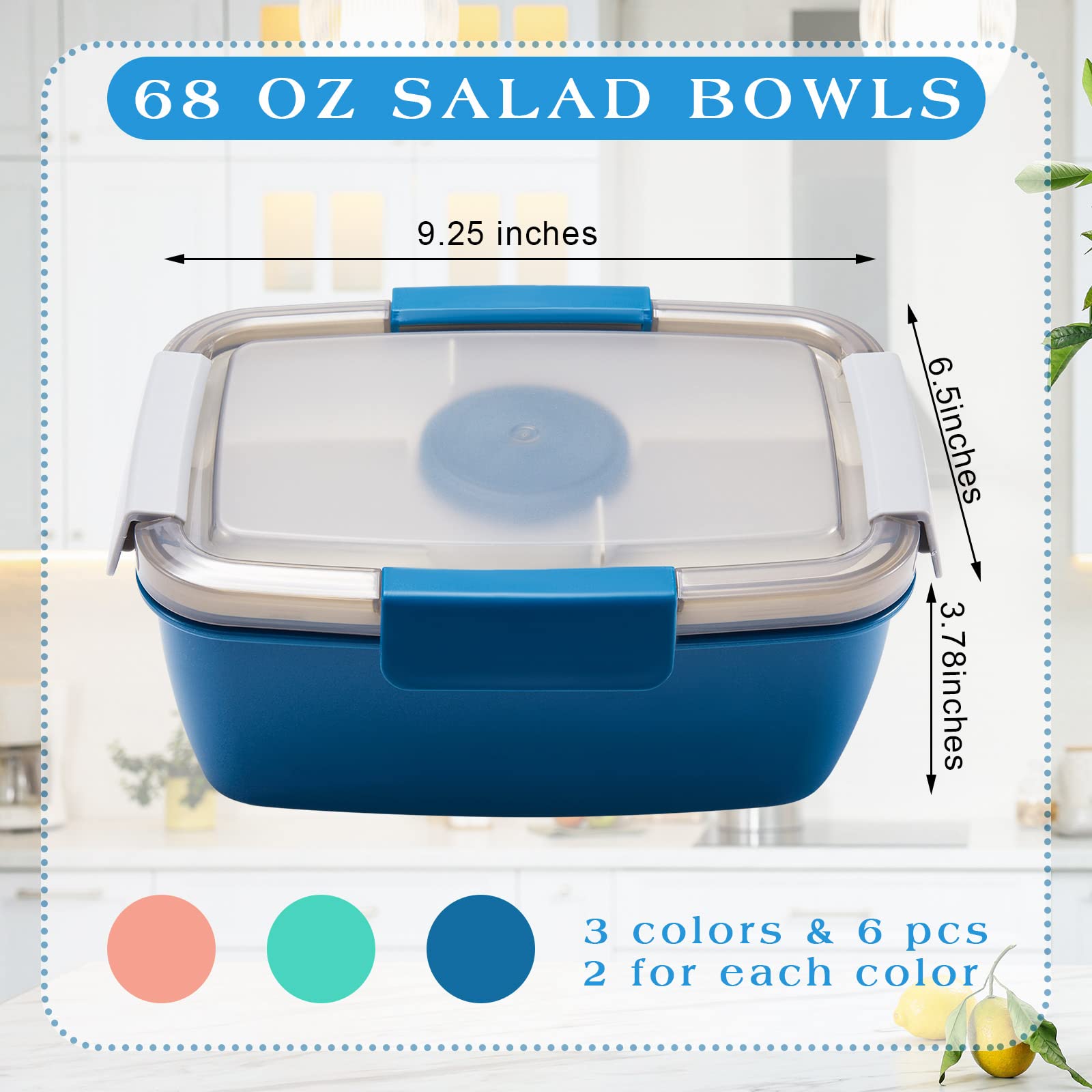 Tessco 6 Pcs Large Salad Container For Lunch 68 Oz Salad Bowls Stackable Lunch Box Containers With 5 Compartment And Sauce Cups