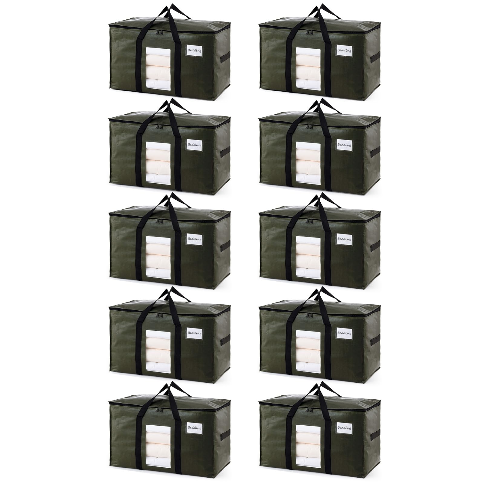 TAILI 10 Pack Green Extra Large Storage Bags, Heavy Duty Totes with Visible Window, Wrap Around Handles, Perfect for Moving