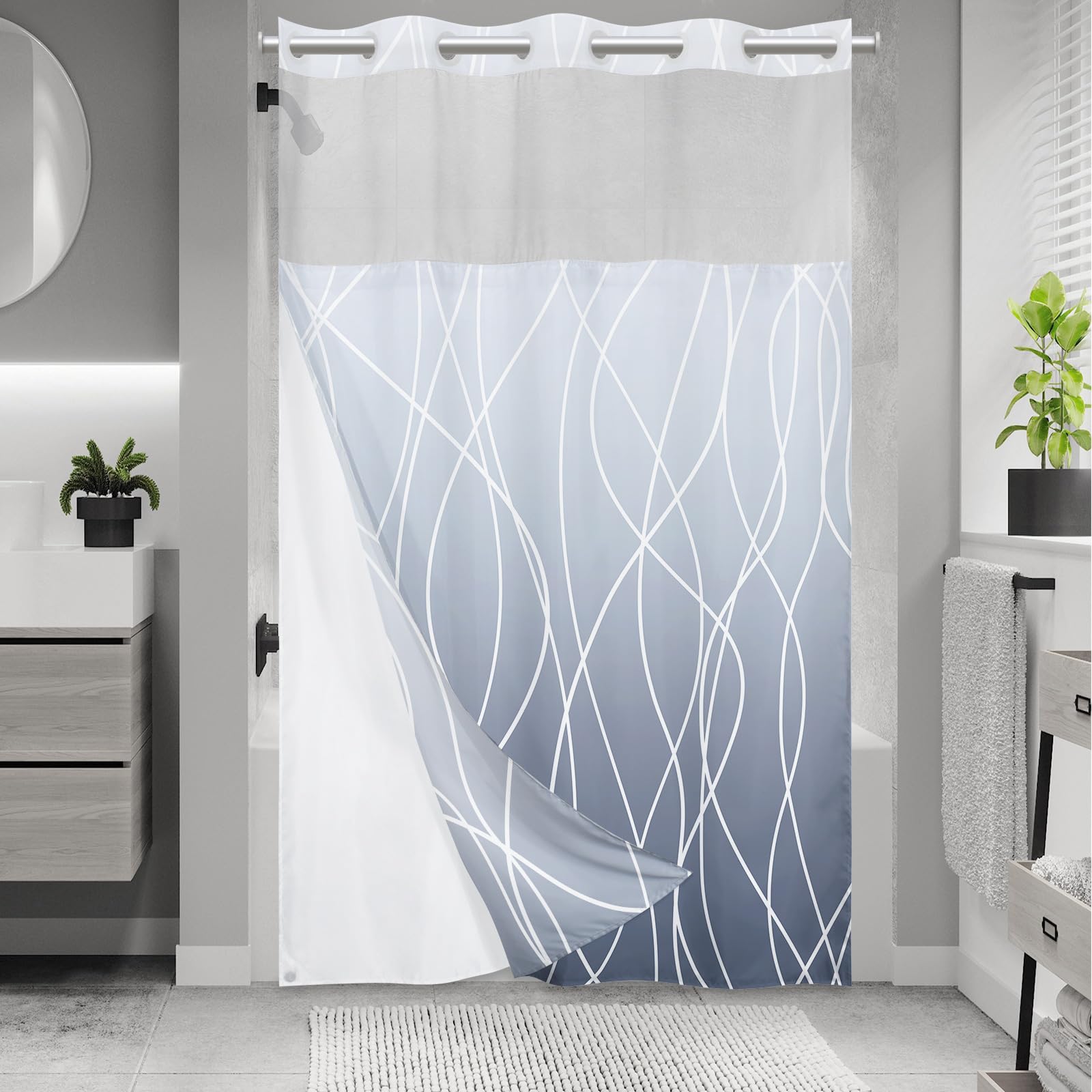 Lxbni No Hook Ombre Blue Striped Stall Shower Curtain With Snap In Fabric Liner Set - Hotel Shower Curtain And Liner Set With Se