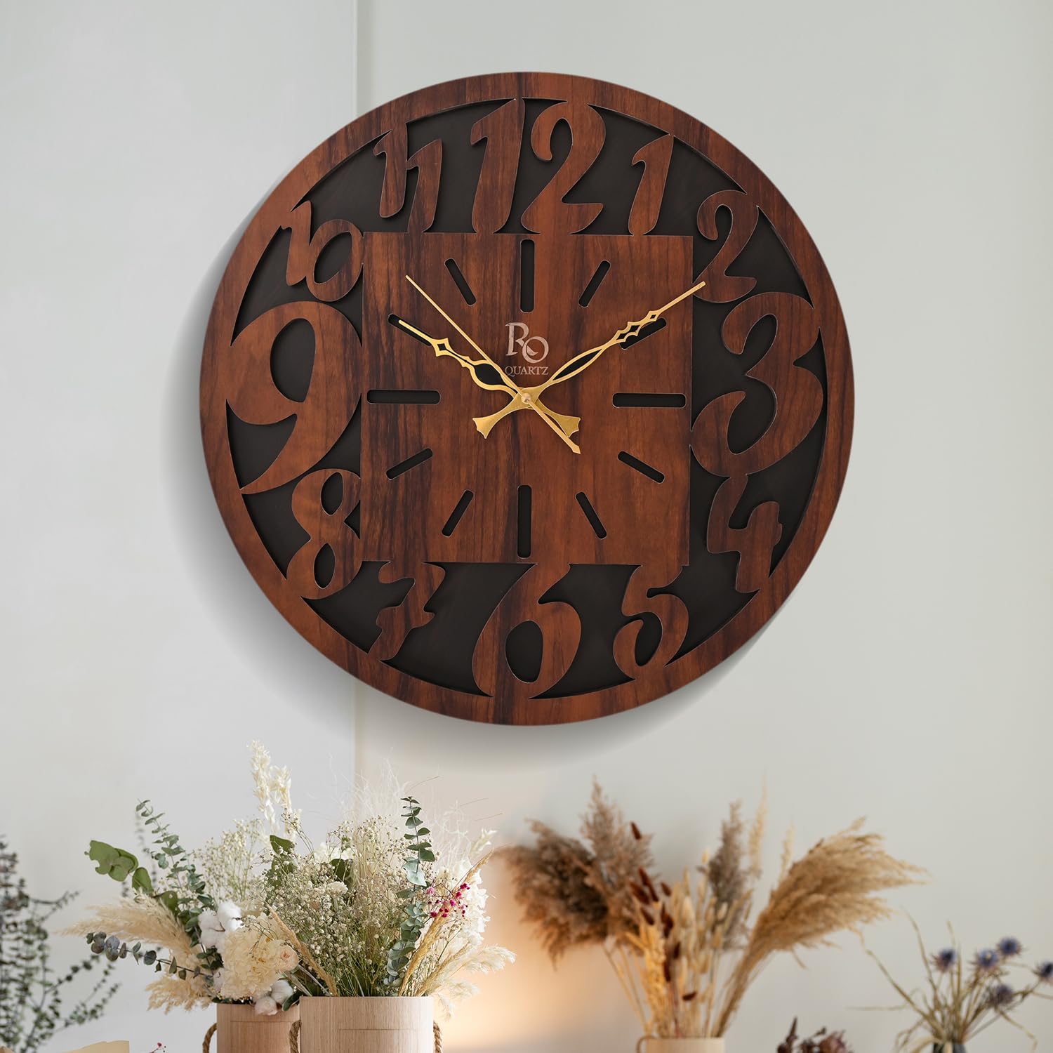 Regiis Opera Engineered Wood Round Shape Wall Clock With Bold Numbers And Metallic Hands | Silent Quartz Movement Wooden Anti Re
