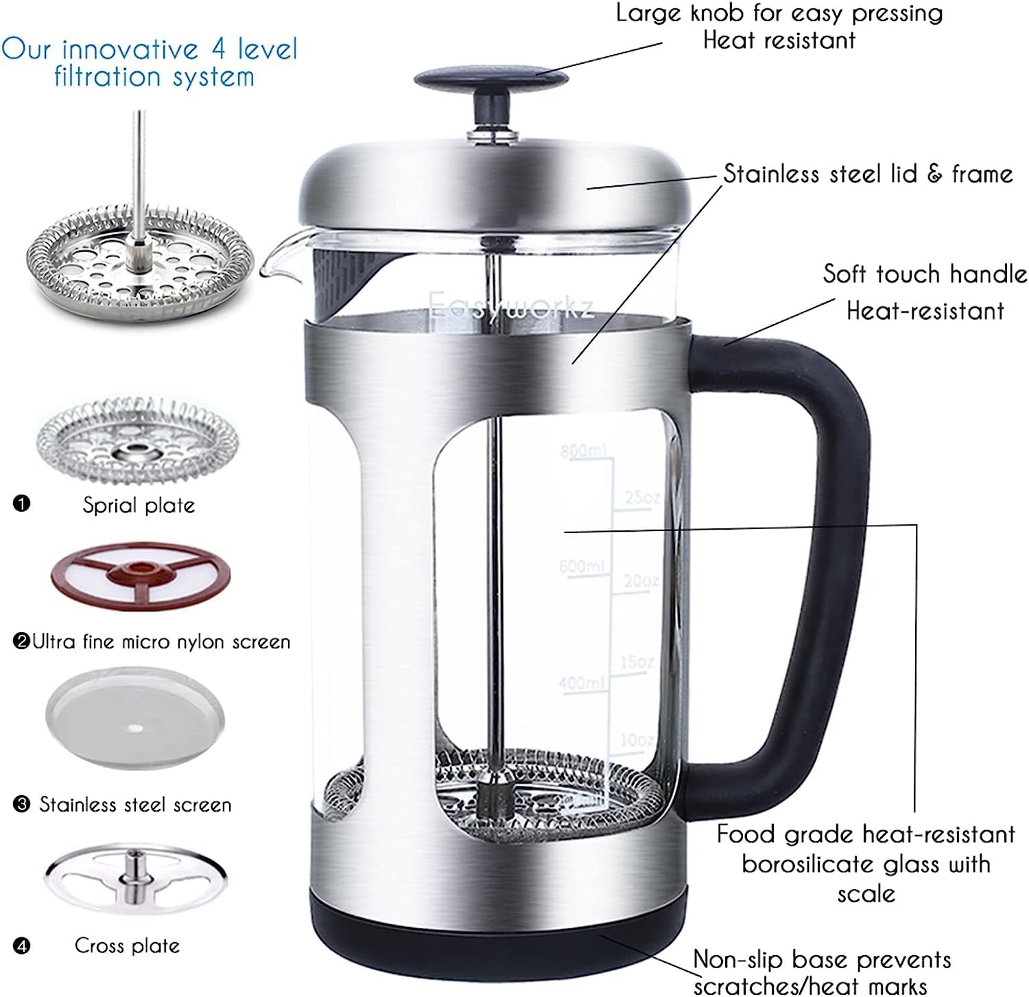 Easyworkz Stainless Steel French Press 34 Oz Coffee Tea Maker With Soft Grip Handle