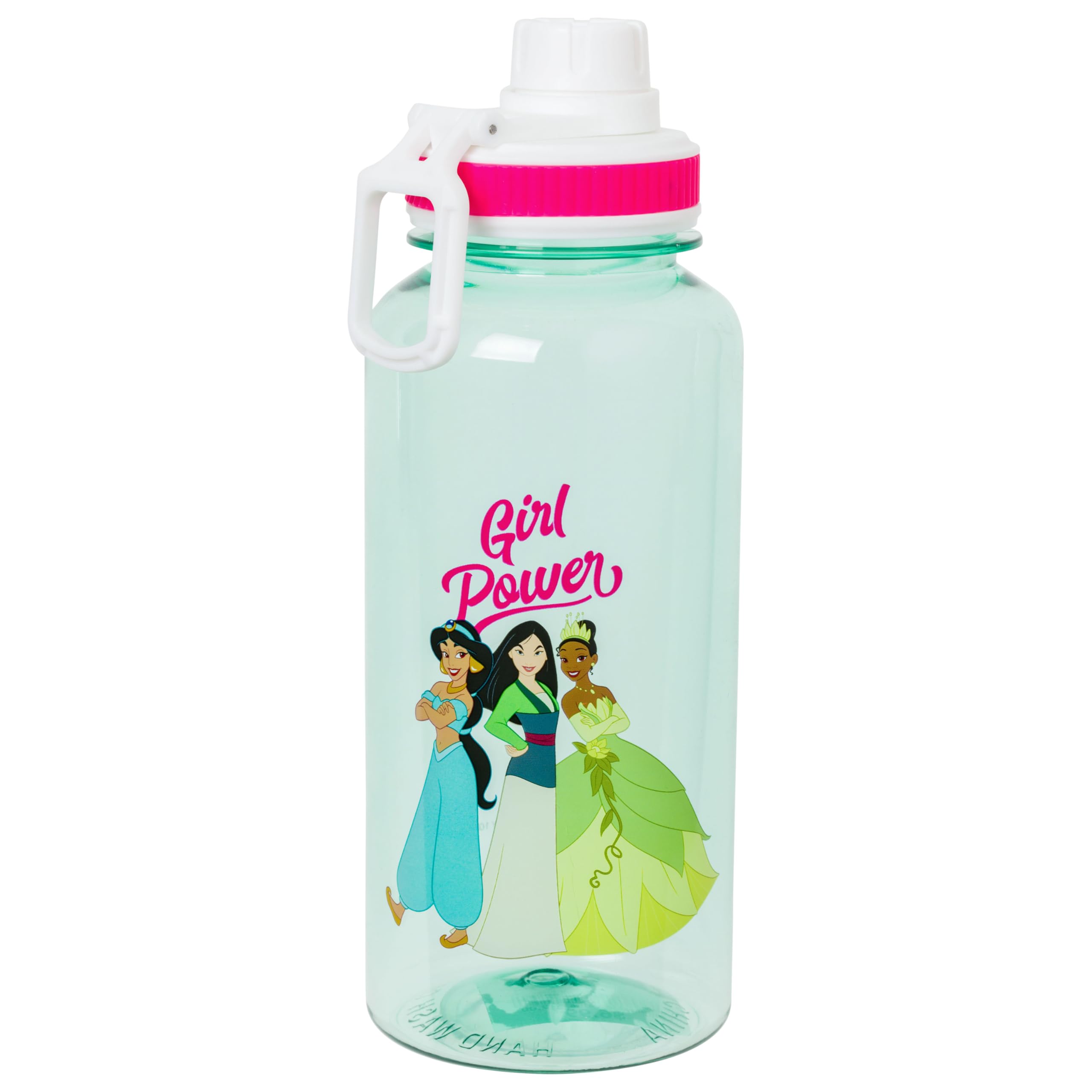 Silver Buffalo Disney Princess Girl Power    Featuring Tiana, Mulan, and Jasmine Twist Spout Plastic Water Bottle with Stickers 