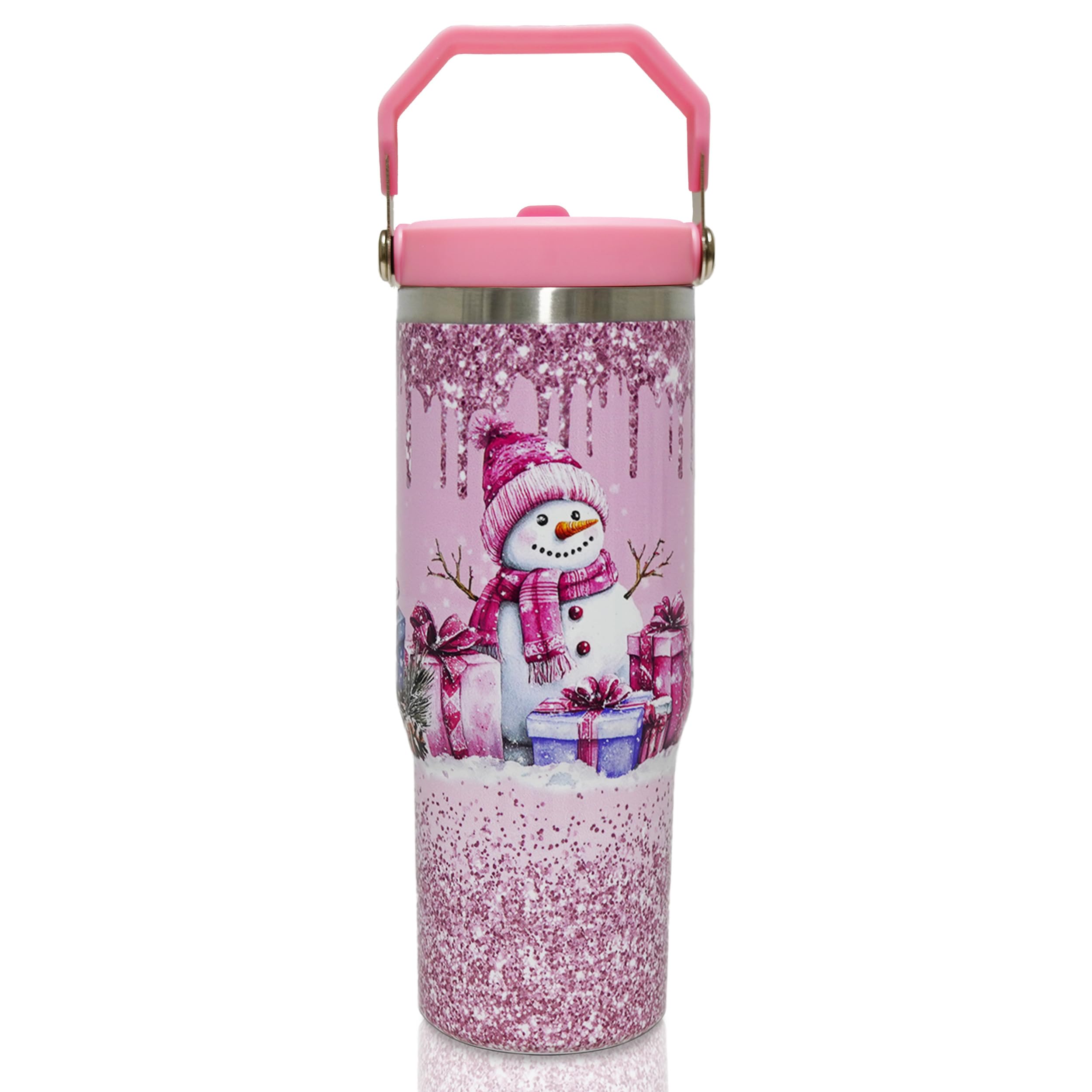 30oz Christmas Tumbler with Handle and Straw, Pink Snowman Insulated Tumbler, Leak Proof Travel Coffee Mug, Reusable Stainless S