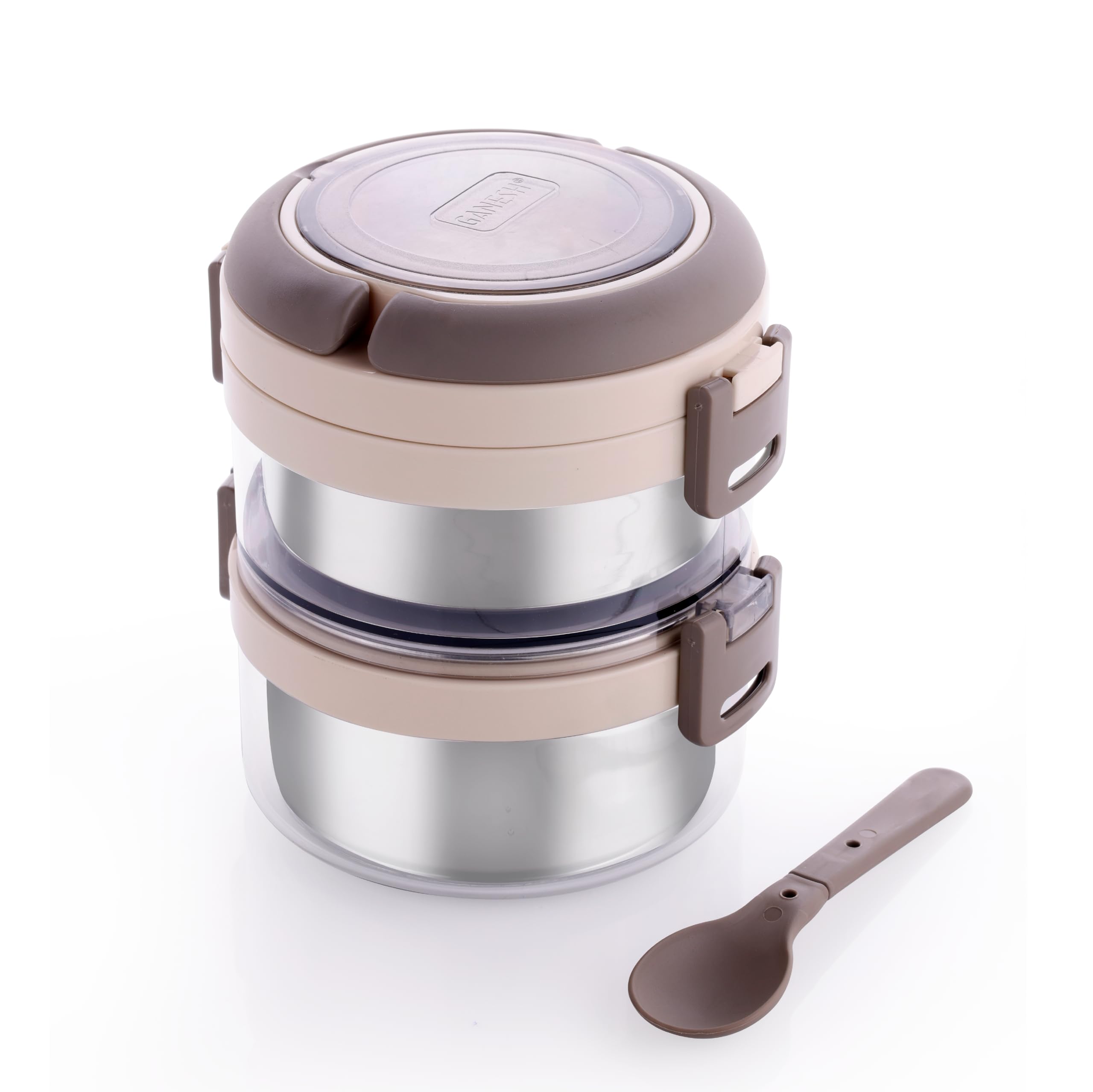 Ganesh Stainless Steel 2 Layer Portable Lunch Box With Attractive Spoon For Office & School Use/Food Grade/Air Tight/Easy To Car