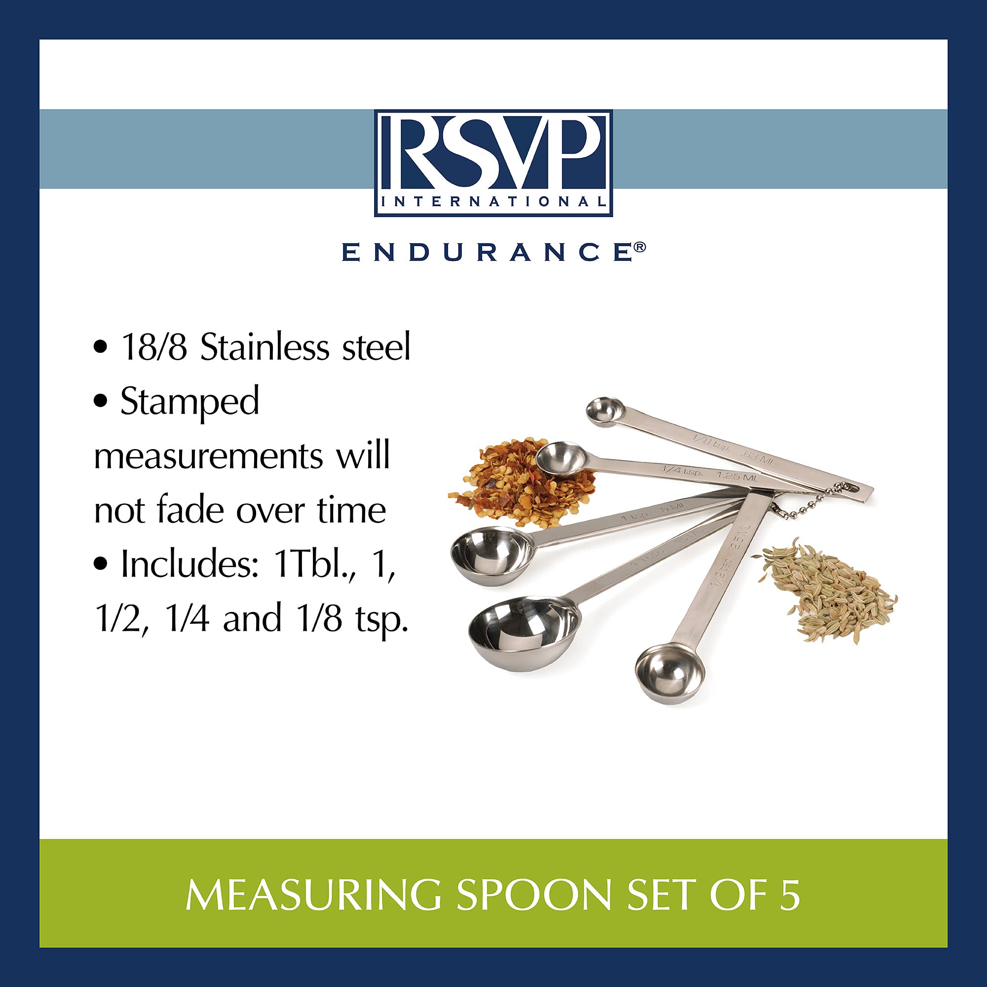 RSVP International Measuring Spoons Set, Round, 5 Piece, Stainless Steel, Model 8010
